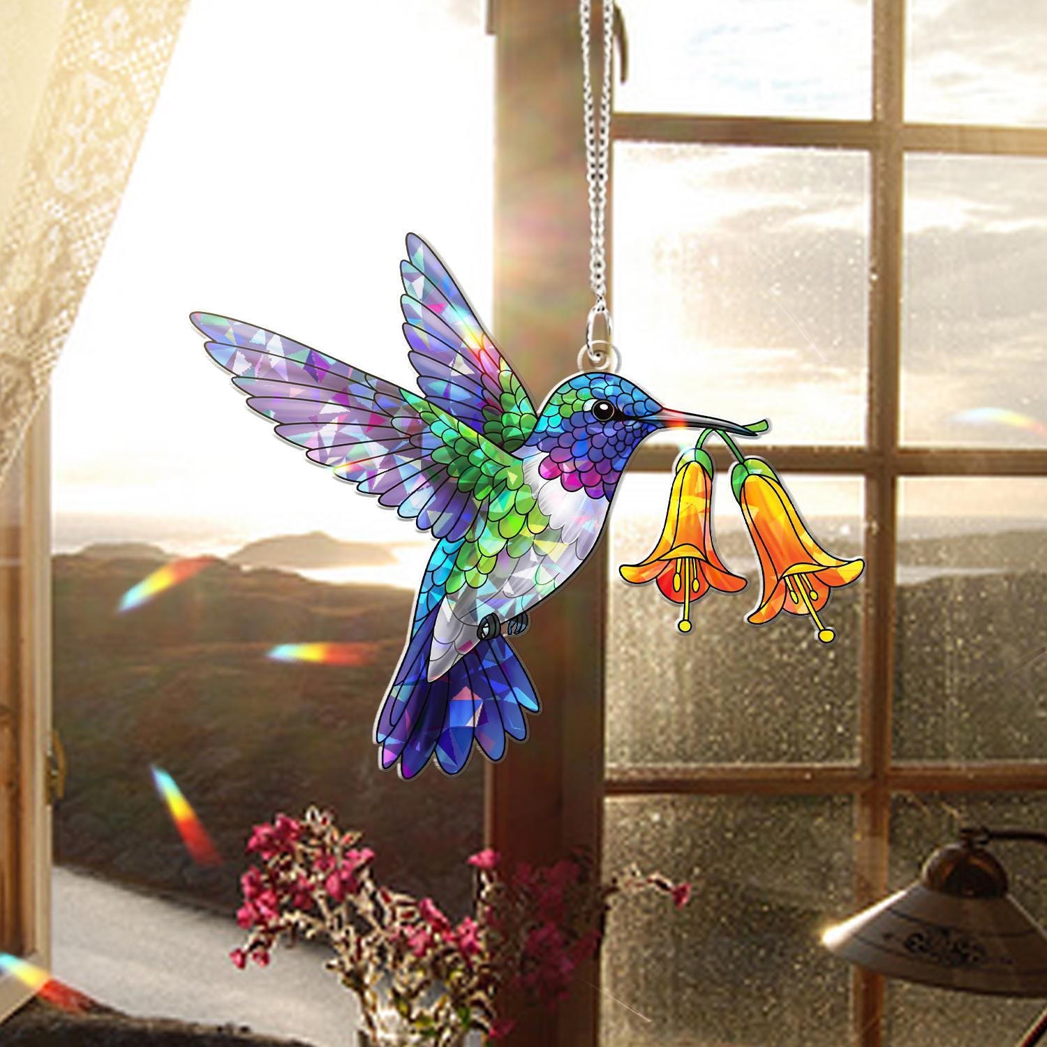 Colorful Hummingbird And Flower Acrylic Window Hanging – Floral Suncatcher – Nature Decor for Home, Garden– Spring Decor, Bird Lovers