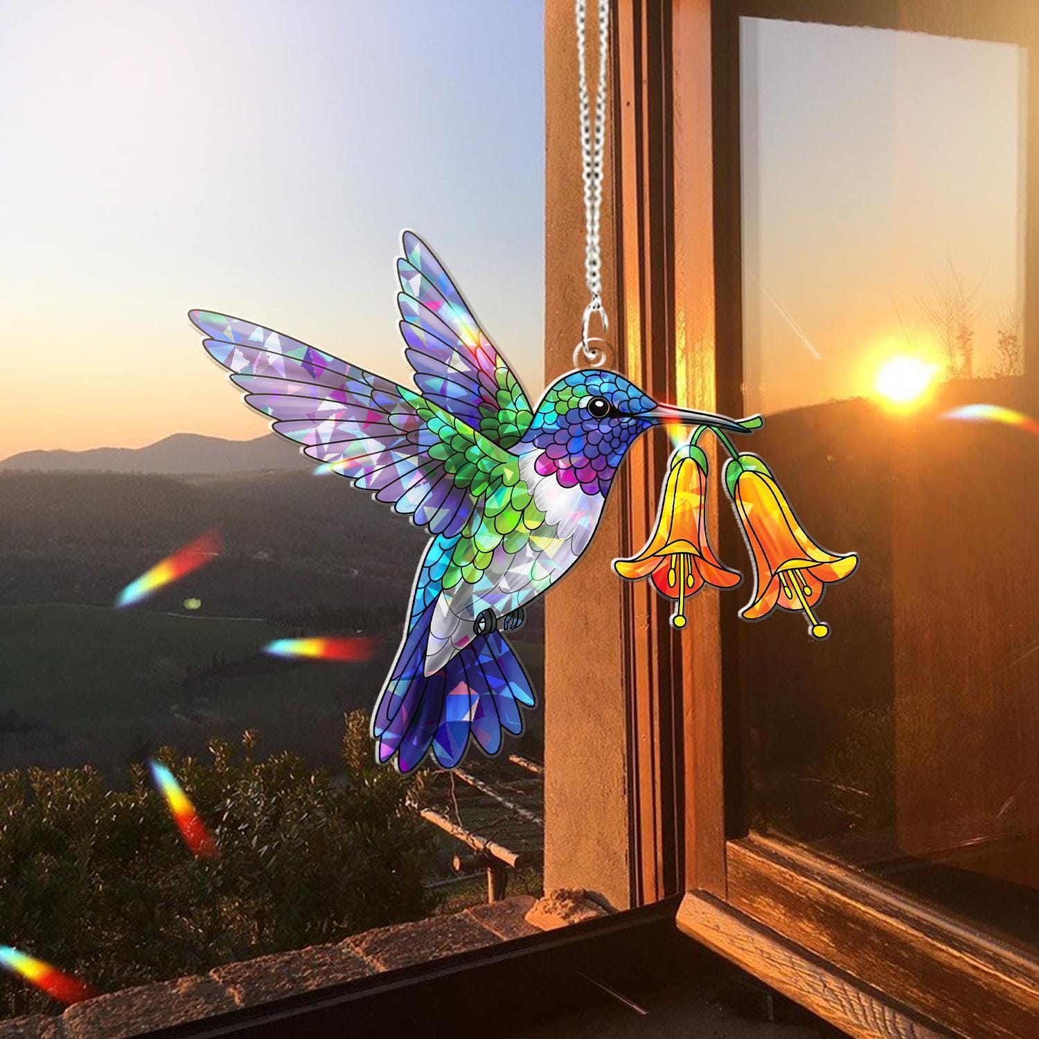 Colorful Hummingbird And Flower Acrylic Window Hanging – Floral Suncatcher – Nature Decor for Home, Garden– Spring Decor, Bird Lovers
