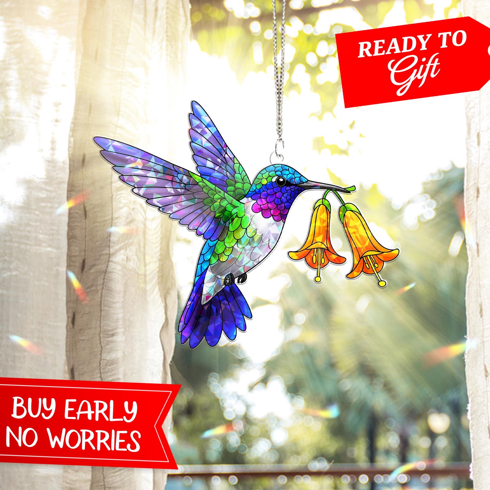 Colorful Hummingbird And Flower Acrylic Window Hanging – Floral Suncatcher – Nature Decor for Home, Garden– Spring Decor, Bird Lovers