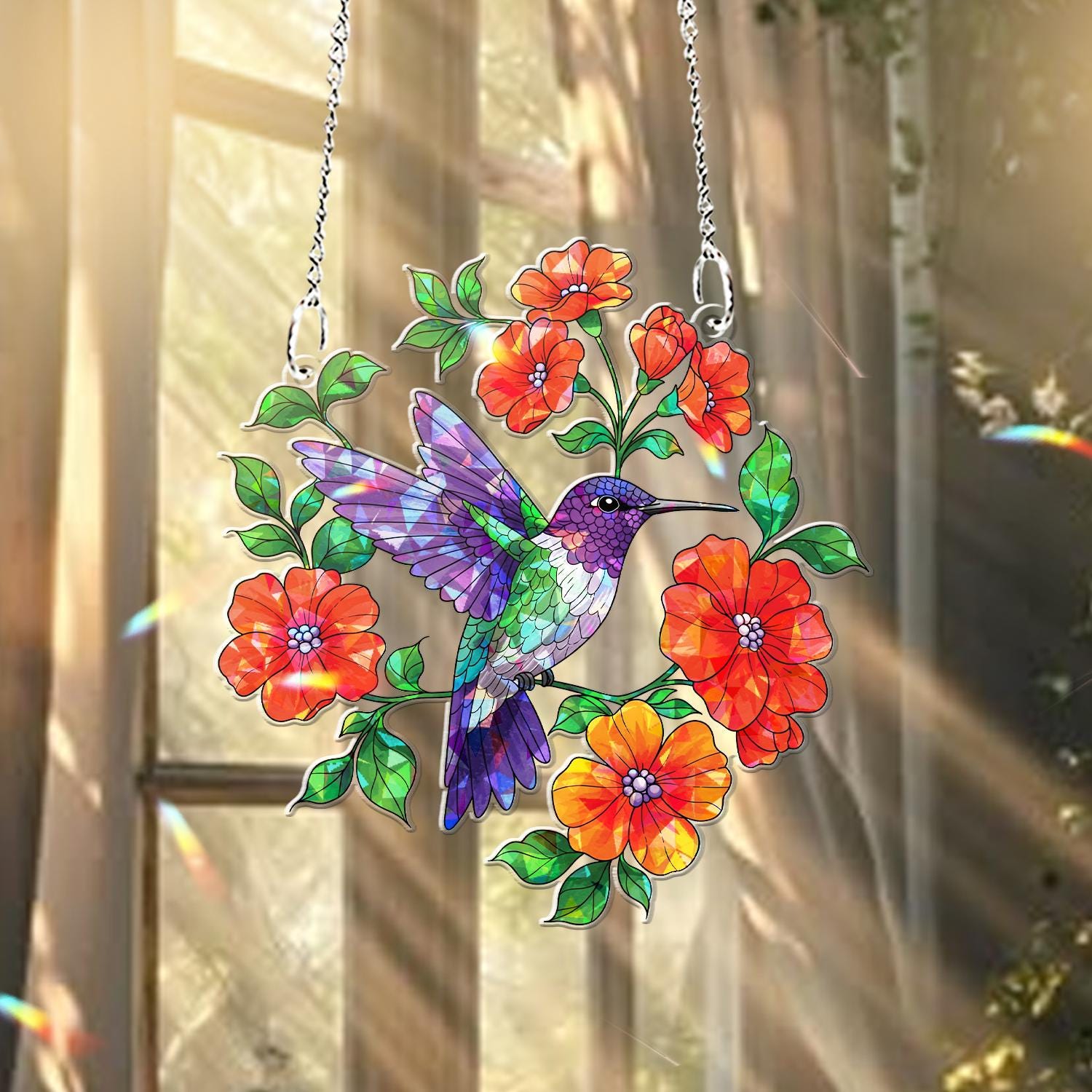 Hummingbird & Red Flowers Acrylic Window Hanging – Vibrant Nature Decor for Home, Garden, or Gift Giving, Gift For Her, Bird Lover Gift