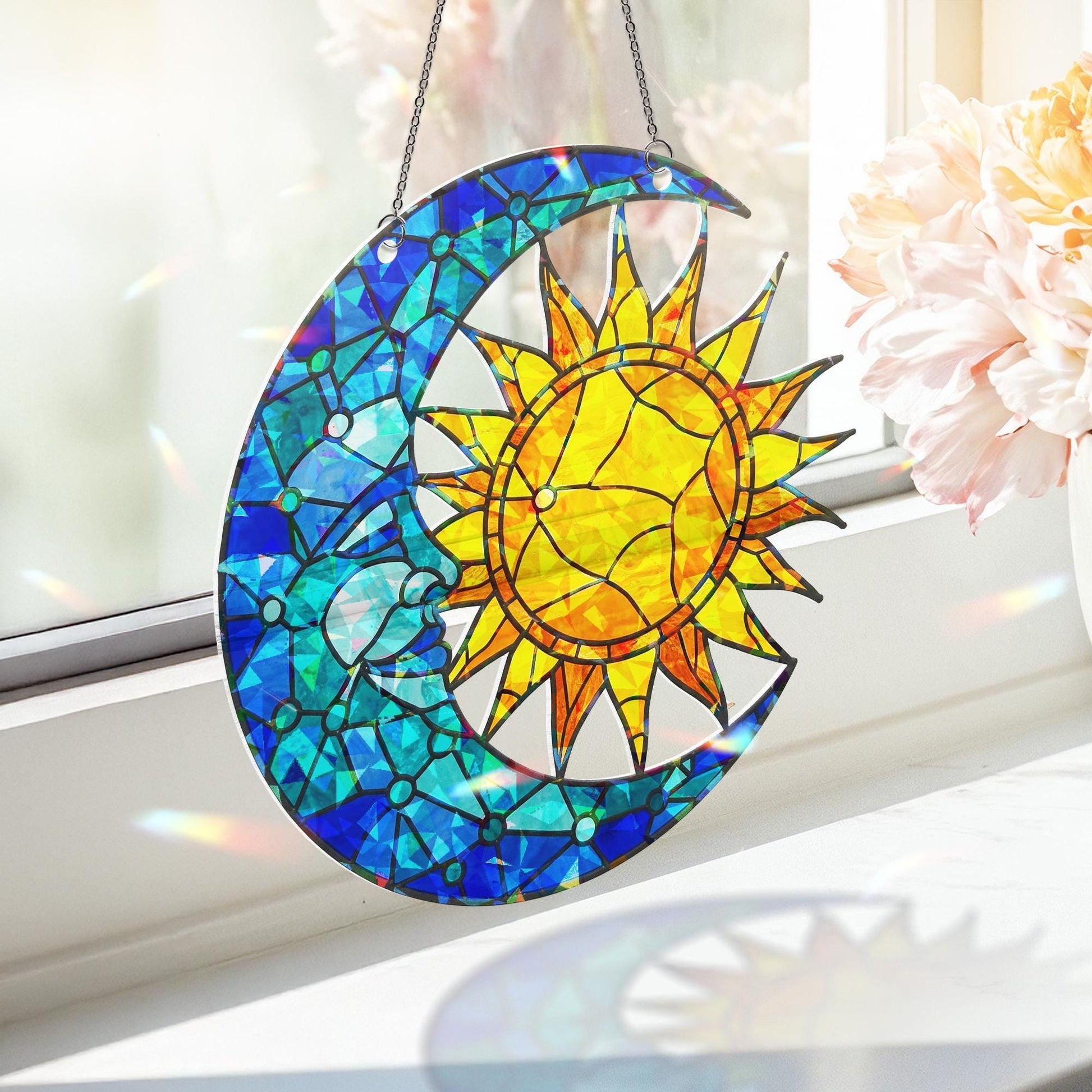 Celestial Sun and Moon Hologram Ornament | Mystical Window Hanging | Cosmic Sun Catcher, Boho Decor, Astrology Gift, Sun and Moon Home Decor