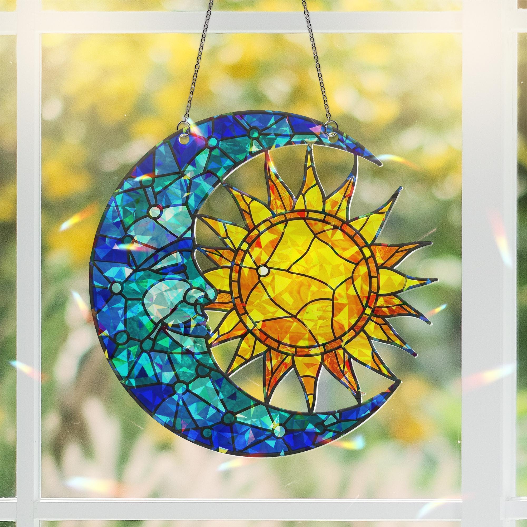 Celestial Sun and Moon Hologram Ornament | Mystical Window Hanging | Cosmic Sun Catcher, Boho Decor, Astrology Gift, Sun and Moon Home Decor