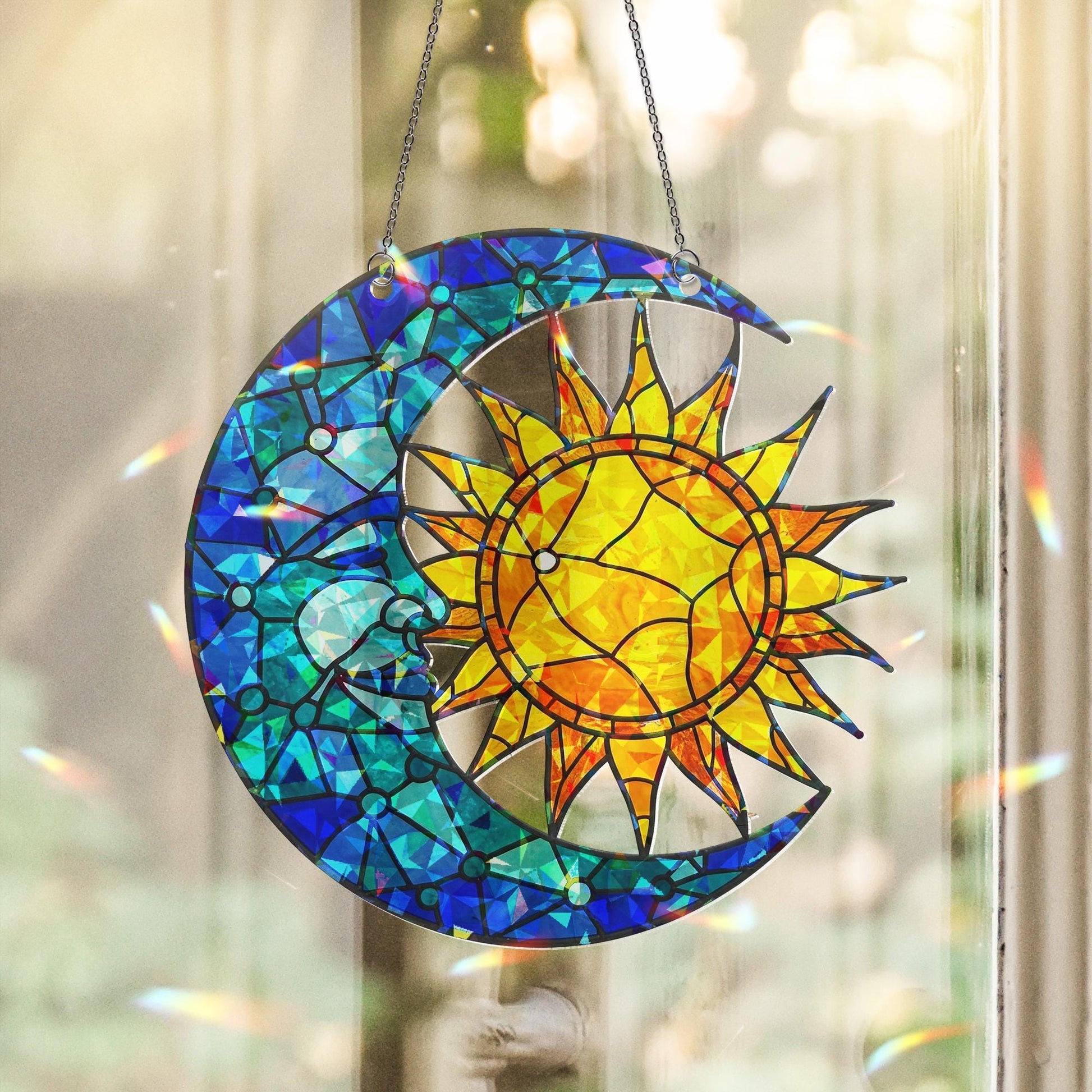 Celestial Sun and Moon Hologram Ornament | Mystical Window Hanging | Cosmic Sun Catcher, Boho Decor, Astrology Gift, Sun and Moon Home Decor