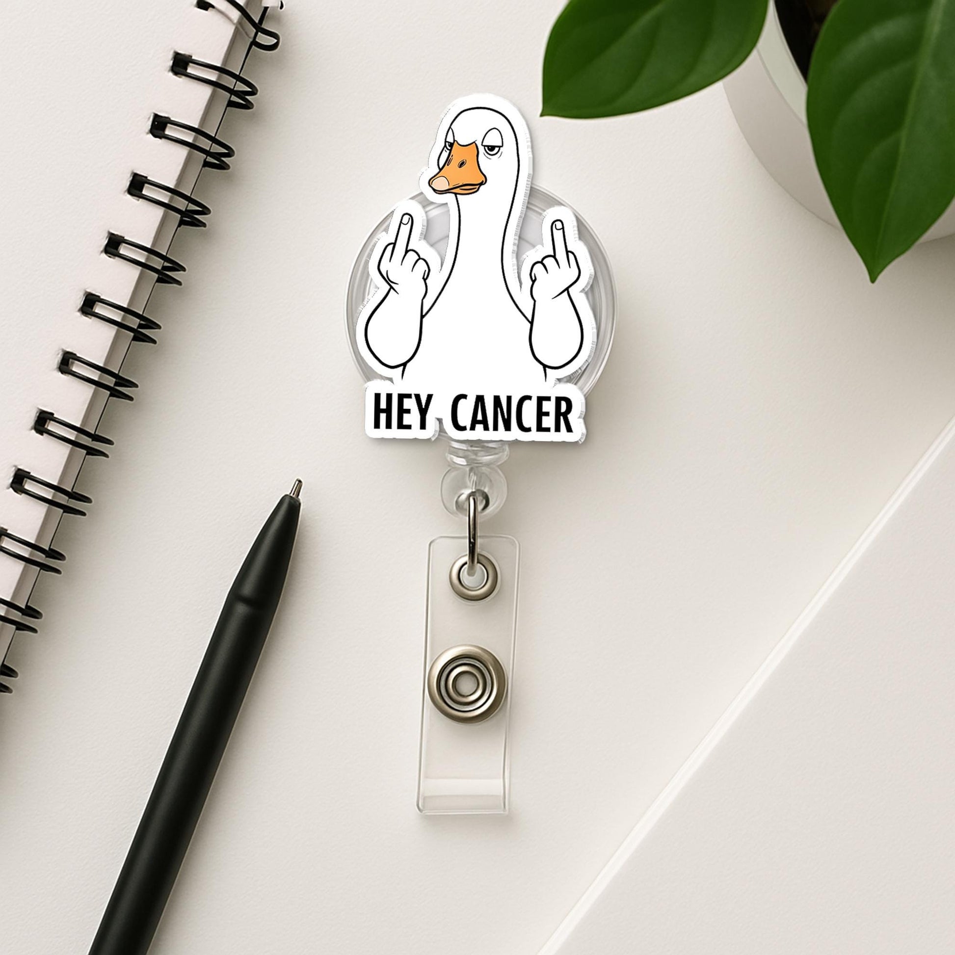 Middle Finger Goose "Hey Cancer" Badge Reel | Funny Cancer Support ID Holder | Cheeky Badge Clip | Oncology Gift | Bold Statement