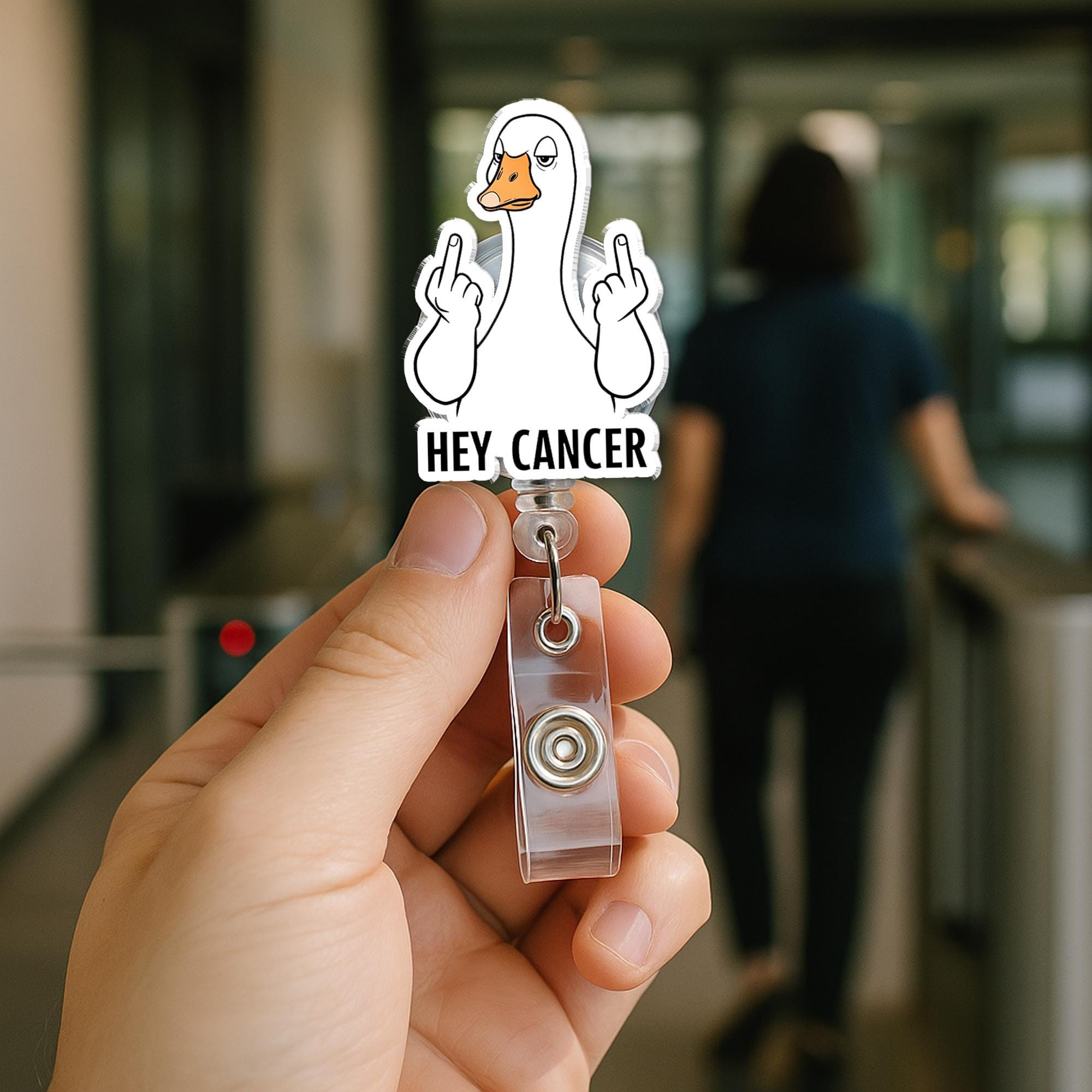 Middle Finger Goose "Hey Cancer" Badge Reel | Funny Cancer Support ID Holder | Cheeky Badge Clip | Oncology Gift | Bold Statement