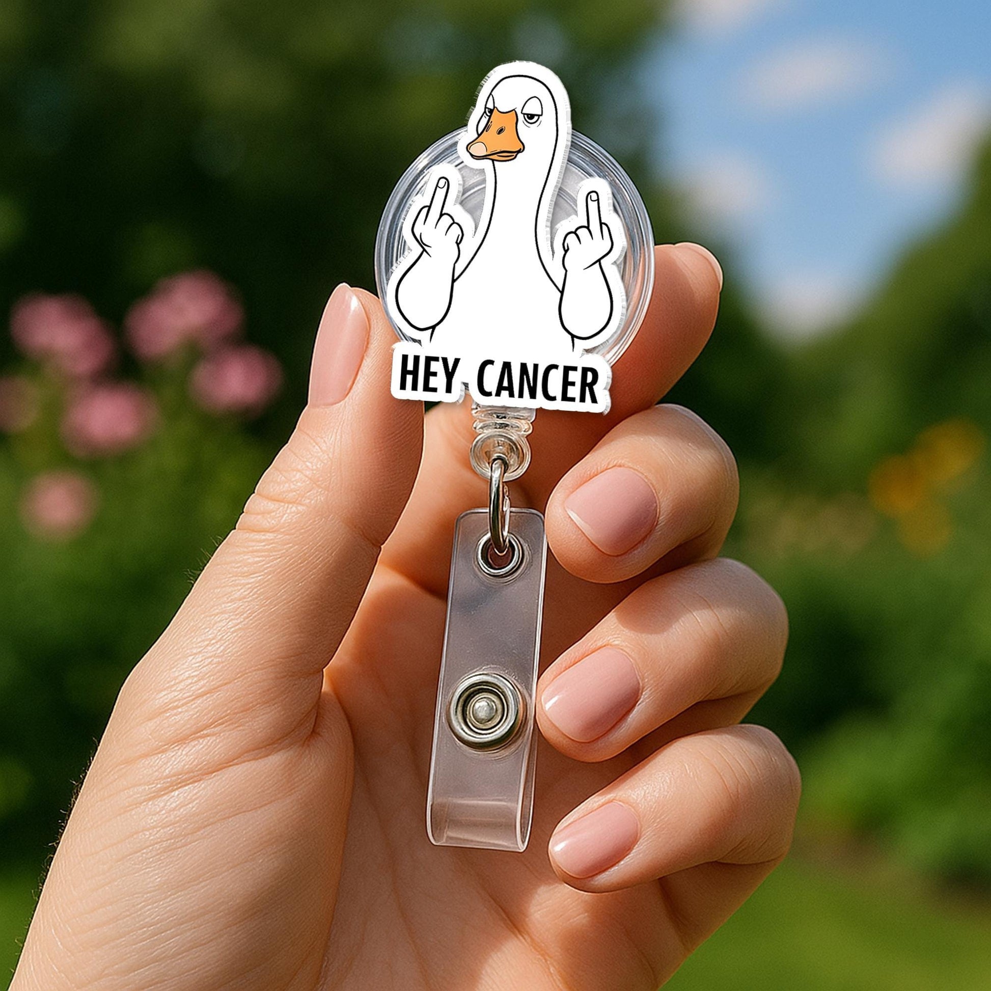 Middle Finger Goose "Hey Cancer" Badge Reel | Funny Cancer Support ID Holder | Cheeky Badge Clip | Oncology Gift | Bold Statement