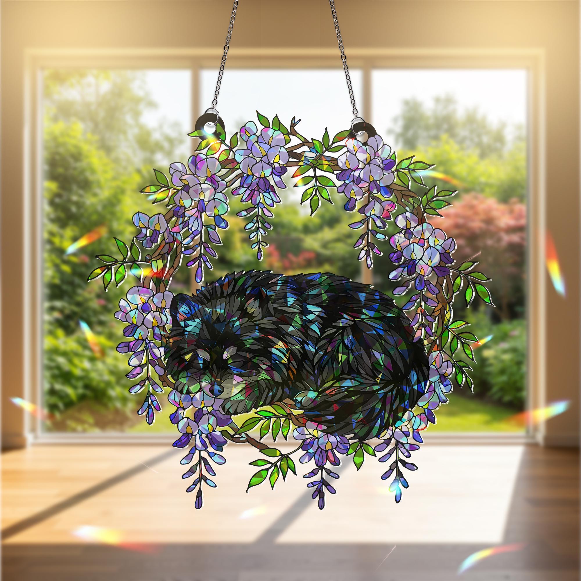 Black Pomeranian Acrylic Hologram Dog Window Hanging, Wisteria Floral Pet Memorial Gift, Rainbow Light Catcher Decor, Pomeranian Lover Gift