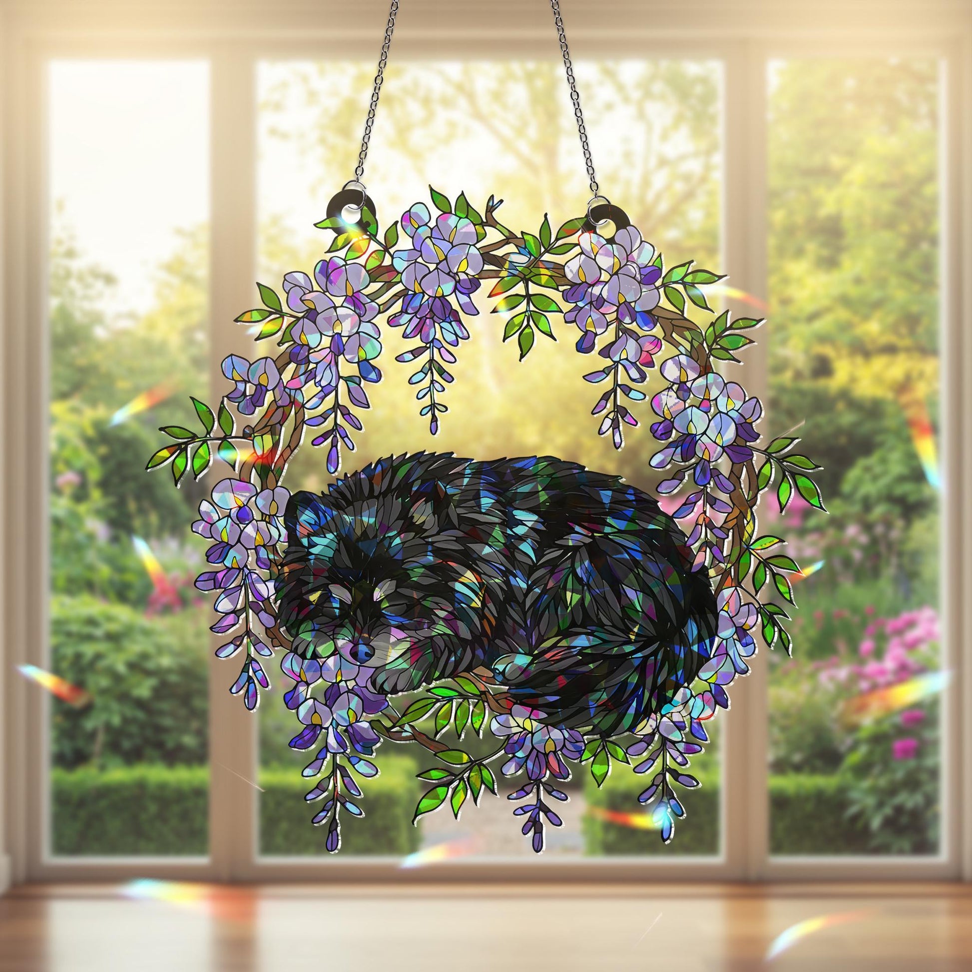 Black Pomeranian Acrylic Hologram Dog Window Hanging, Wisteria Floral Pet Memorial Gift, Rainbow Light Catcher Decor, Pomeranian Lover Gift