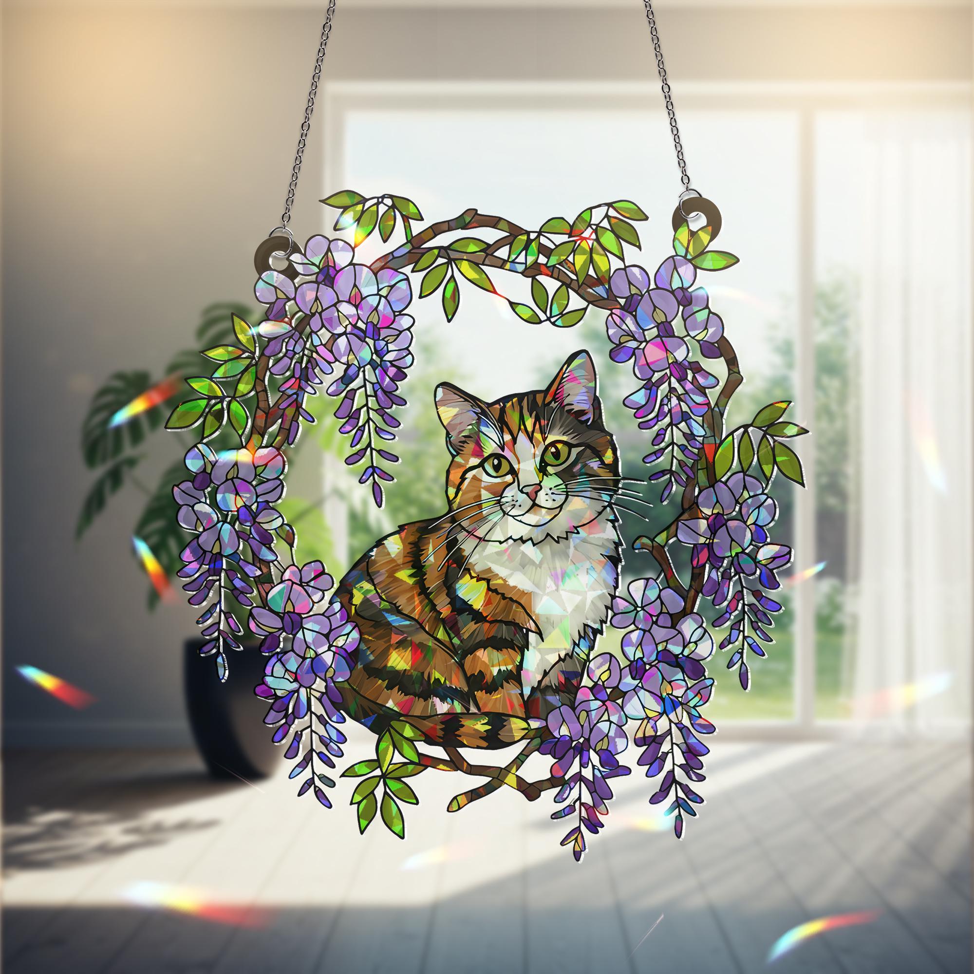 Calico Cat  Acrylic Hologram Window Hanging, Floral Rainbow Catcher, Cat Lover Gift, Pet Memorial Sunlight Decor, Cat Mom Gift