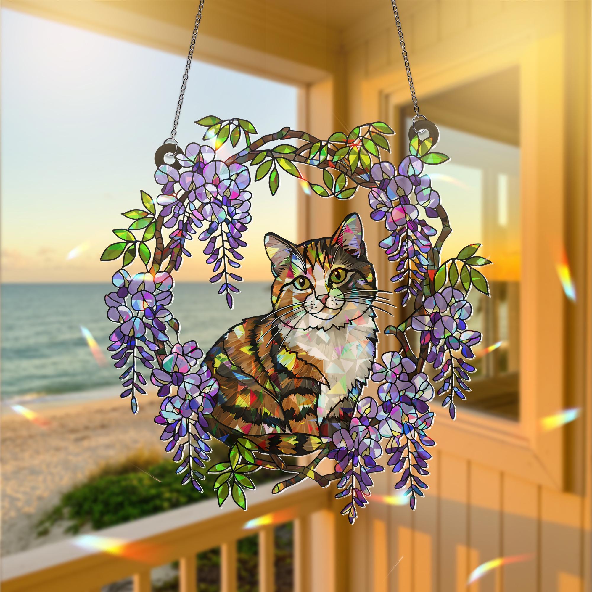 Calico Cat  Acrylic Hologram Window Hanging, Floral Rainbow Catcher, Cat Lover Gift, Pet Memorial Sunlight Decor, Cat Mom Gift