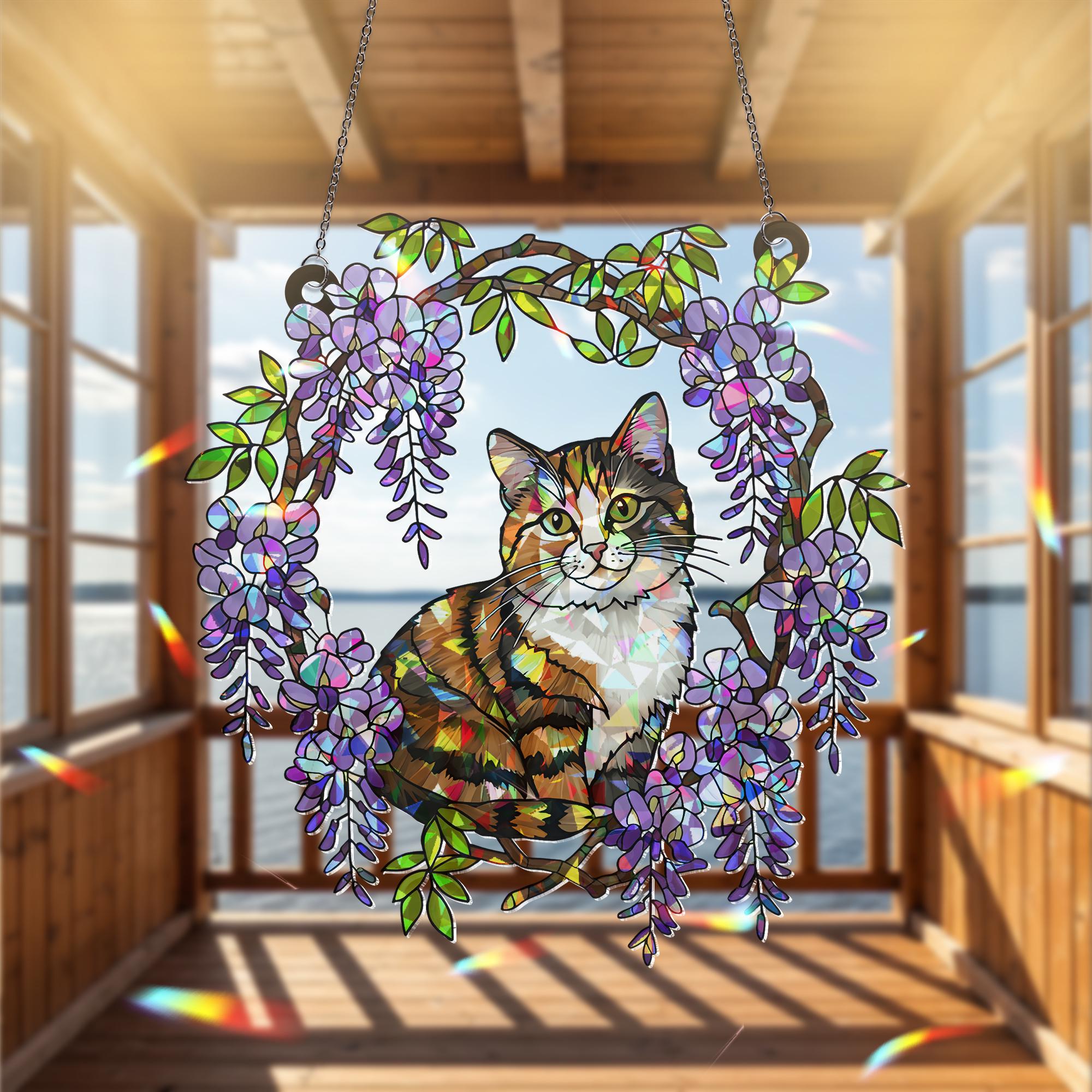 Calico Cat  Acrylic Hologram Window Hanging, Floral Rainbow Catcher, Cat Lover Gift, Pet Memorial Sunlight Decor, Cat Mom Gift