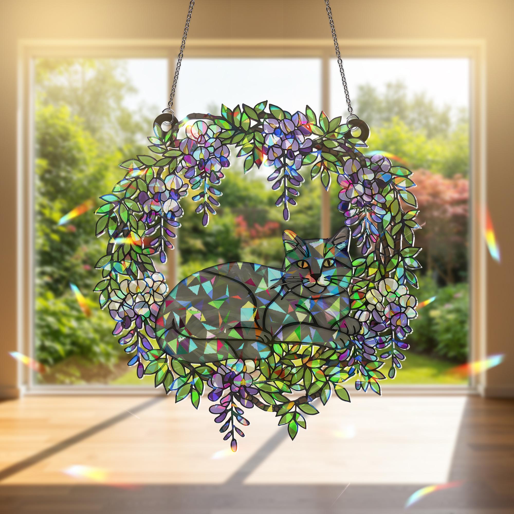 Grey Cat  Acrylic Hologram Window Hanging, Floral Rainbow Catcher, Cat Memorial Gift, Pet Lover Sunlight Decor, Grey Cat Lover Gift