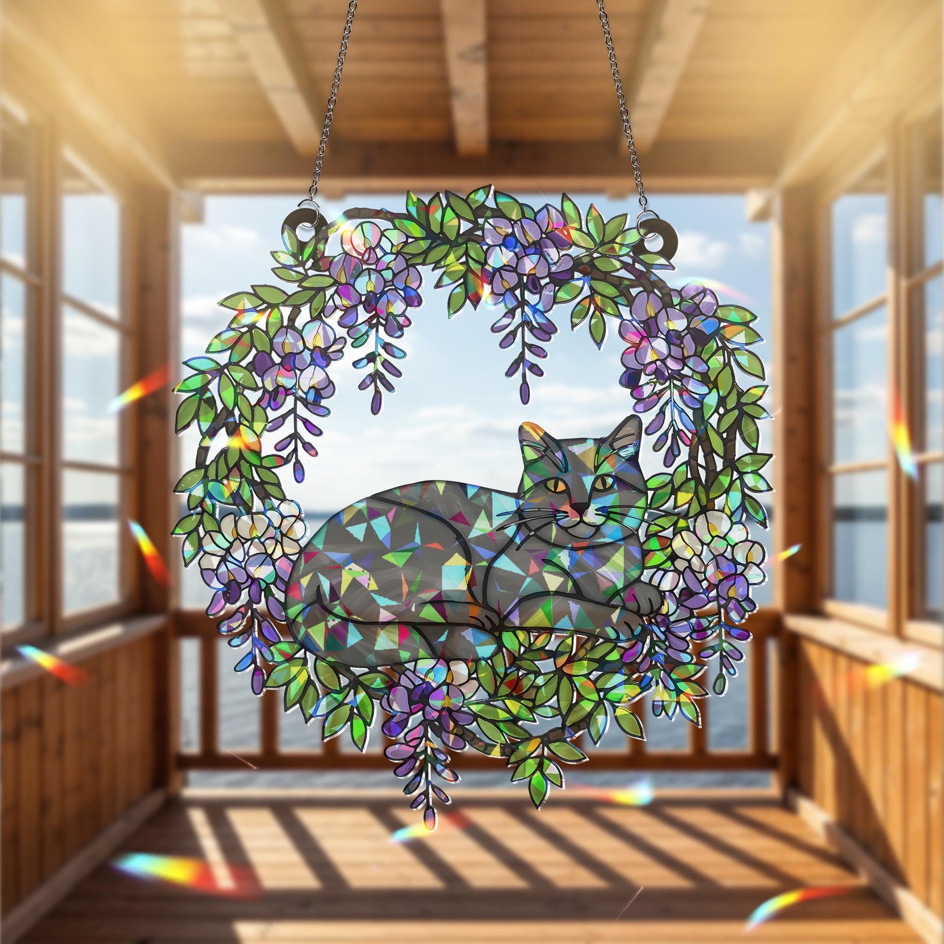 Grey Cat  Acrylic Hologram Window Hanging, Floral Rainbow Catcher, Cat Memorial Gift, Pet Lover Sunlight Decor, Grey Cat Lover Gift