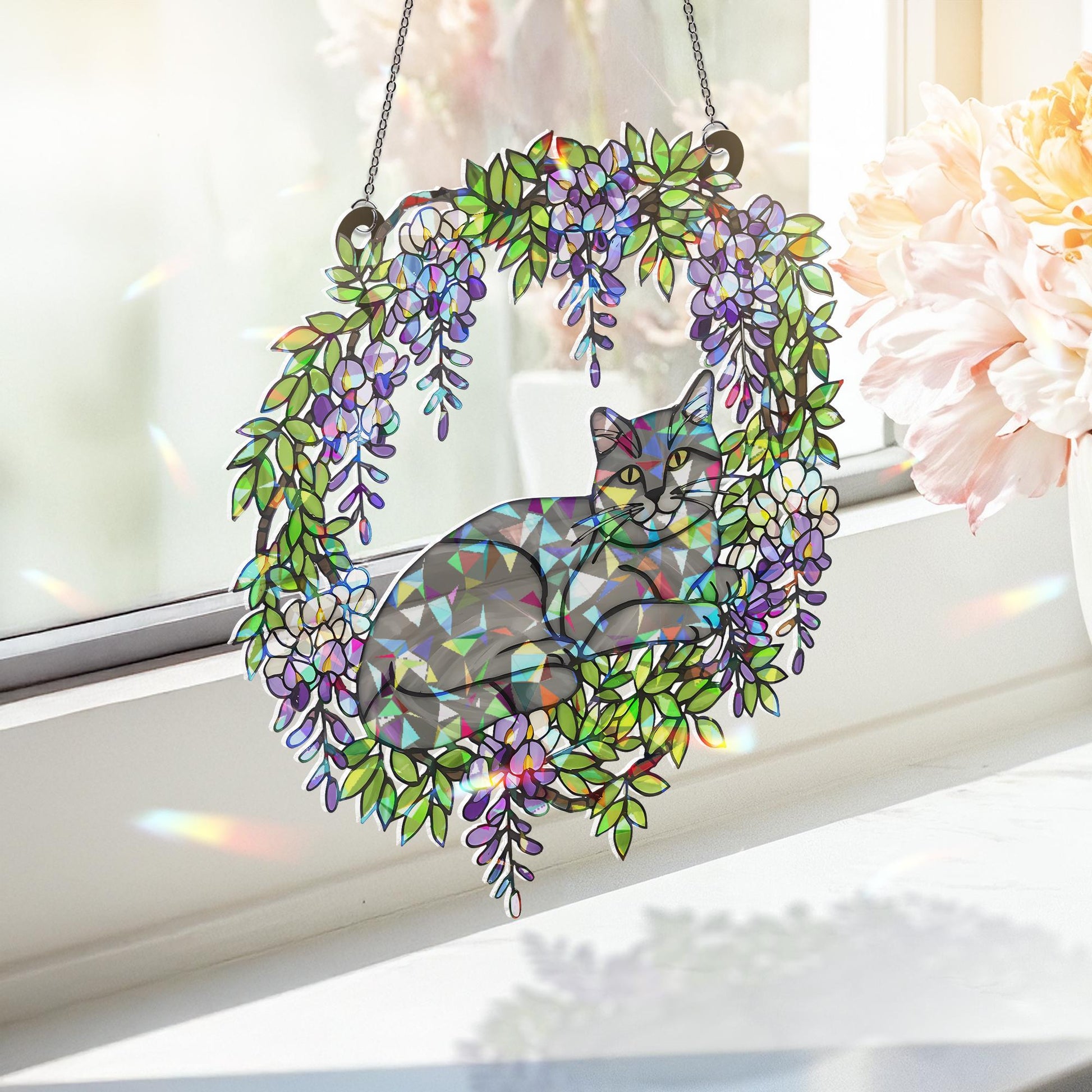 Grey Cat  Acrylic Hologram Window Hanging, Floral Rainbow Catcher, Cat Memorial Gift, Pet Lover Sunlight Decor, Grey Cat Lover Gift
