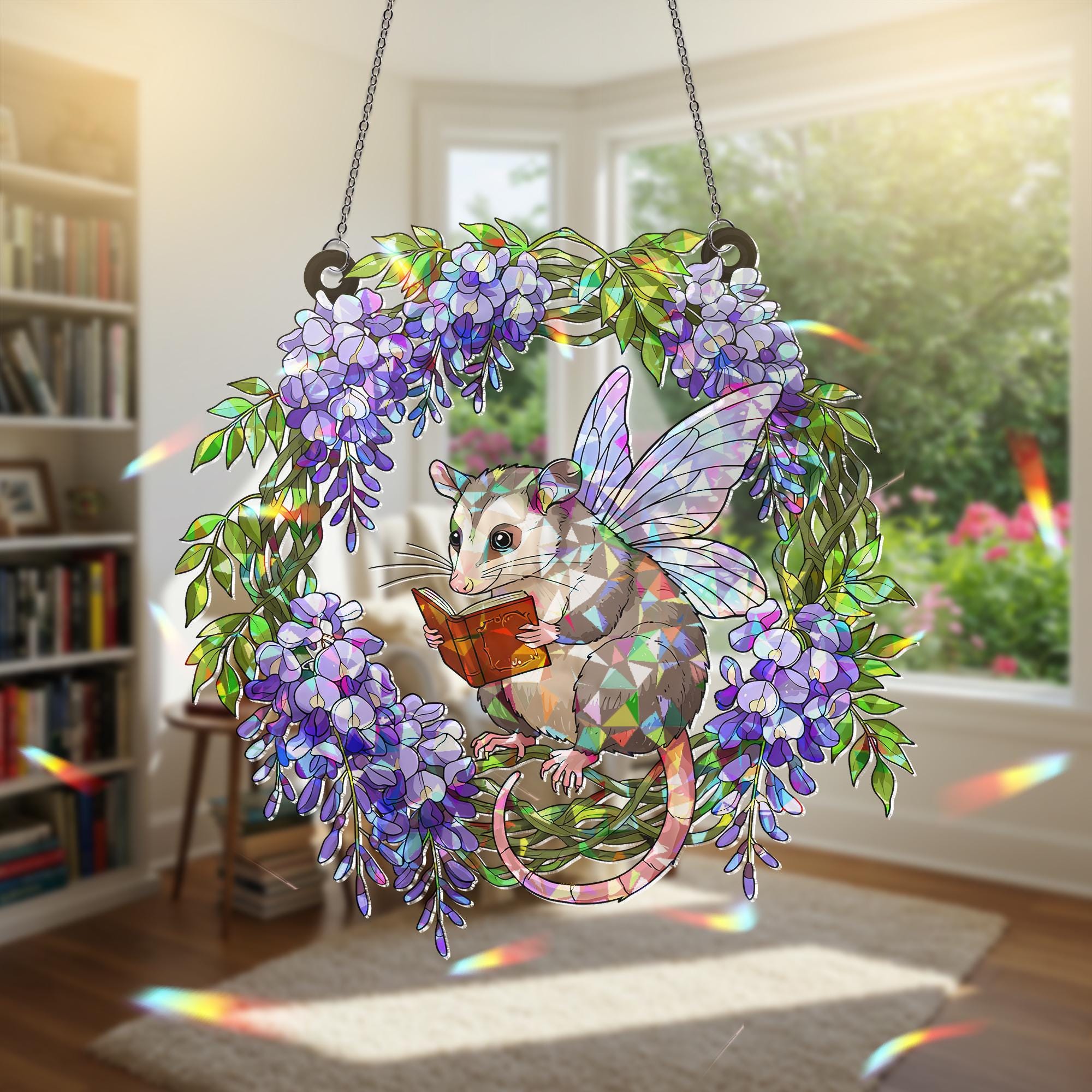 Reading Possum  Acrylic Hologram Window Hanging, Cute Fairy Animal Decor, Book Lover Gift, Possum Sunlight Ornament, Possum Lover Decor