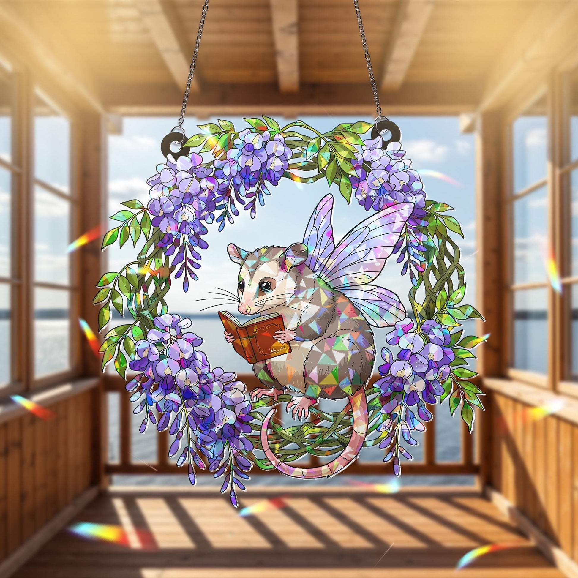 Reading Possum  Acrylic Hologram Window Hanging, Cute Fairy Animal Decor, Book Lover Gift, Possum Sunlight Ornament, Possum Lover Decor