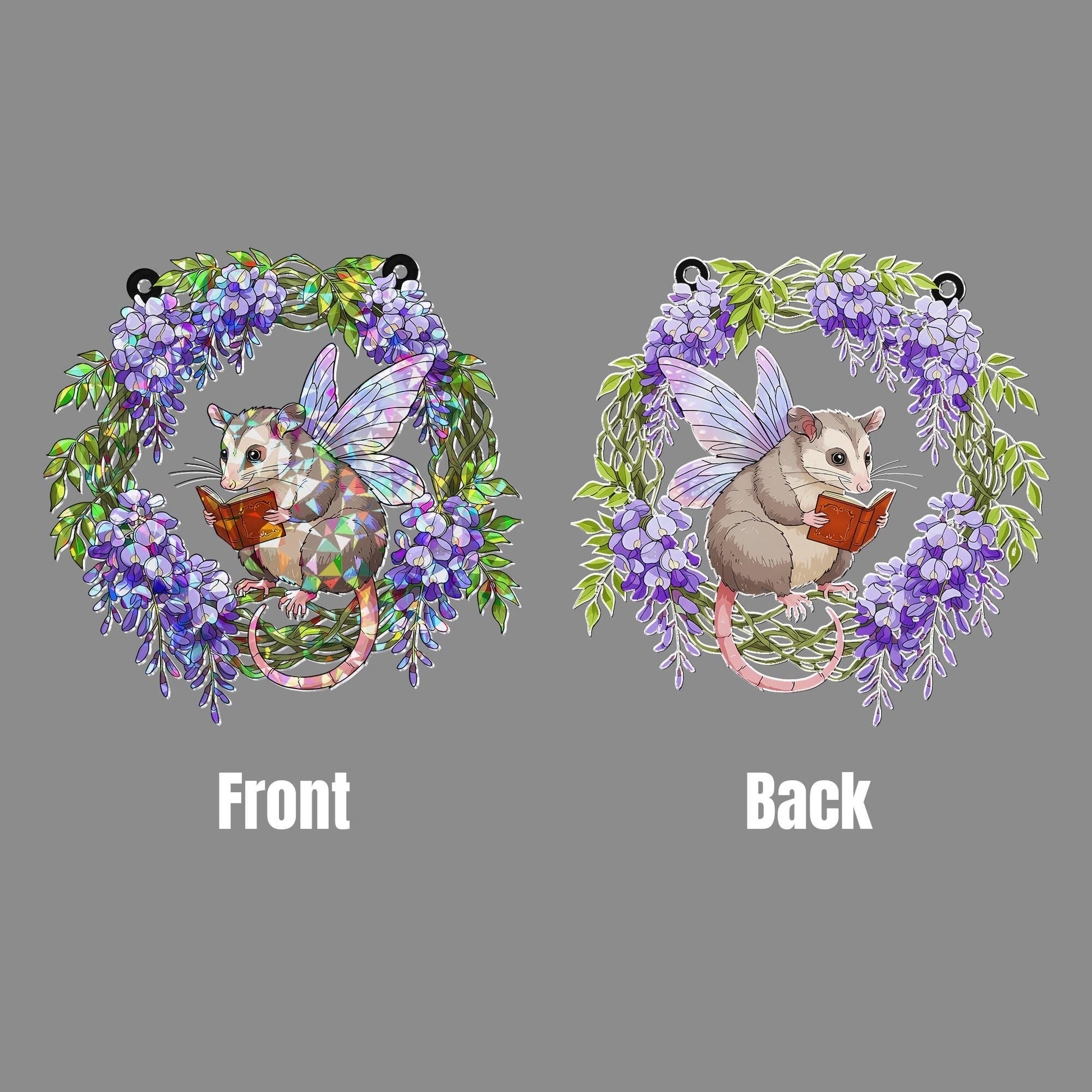 Reading Possum  Acrylic Hologram Window Hanging, Cute Fairy Animal Decor, Book Lover Gift, Possum Sunlight Ornament, Possum Lover Decor