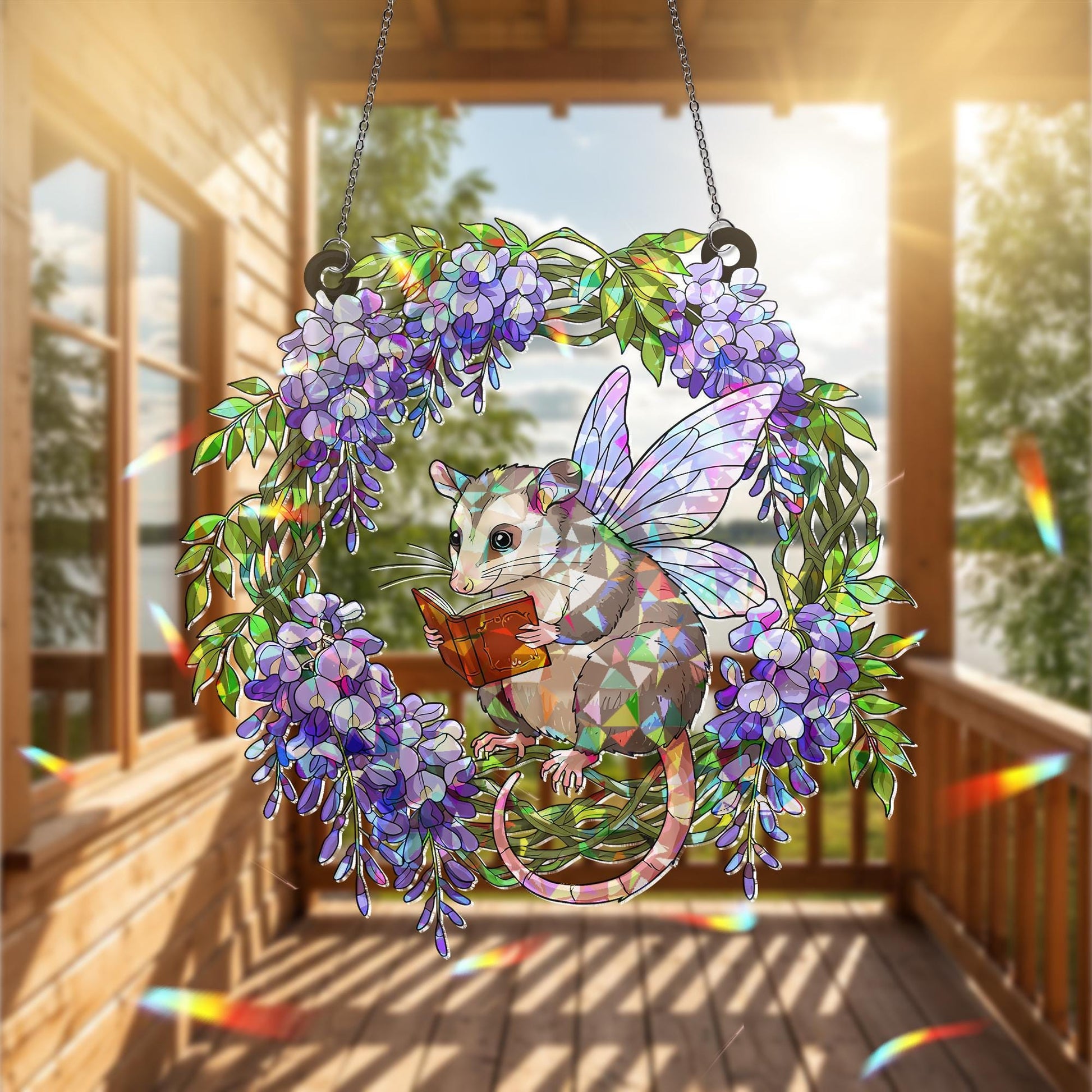 Reading Possum  Acrylic Hologram Window Hanging, Cute Fairy Animal Decor, Book Lover Gift, Possum Sunlight Ornament, Possum Lover Decor