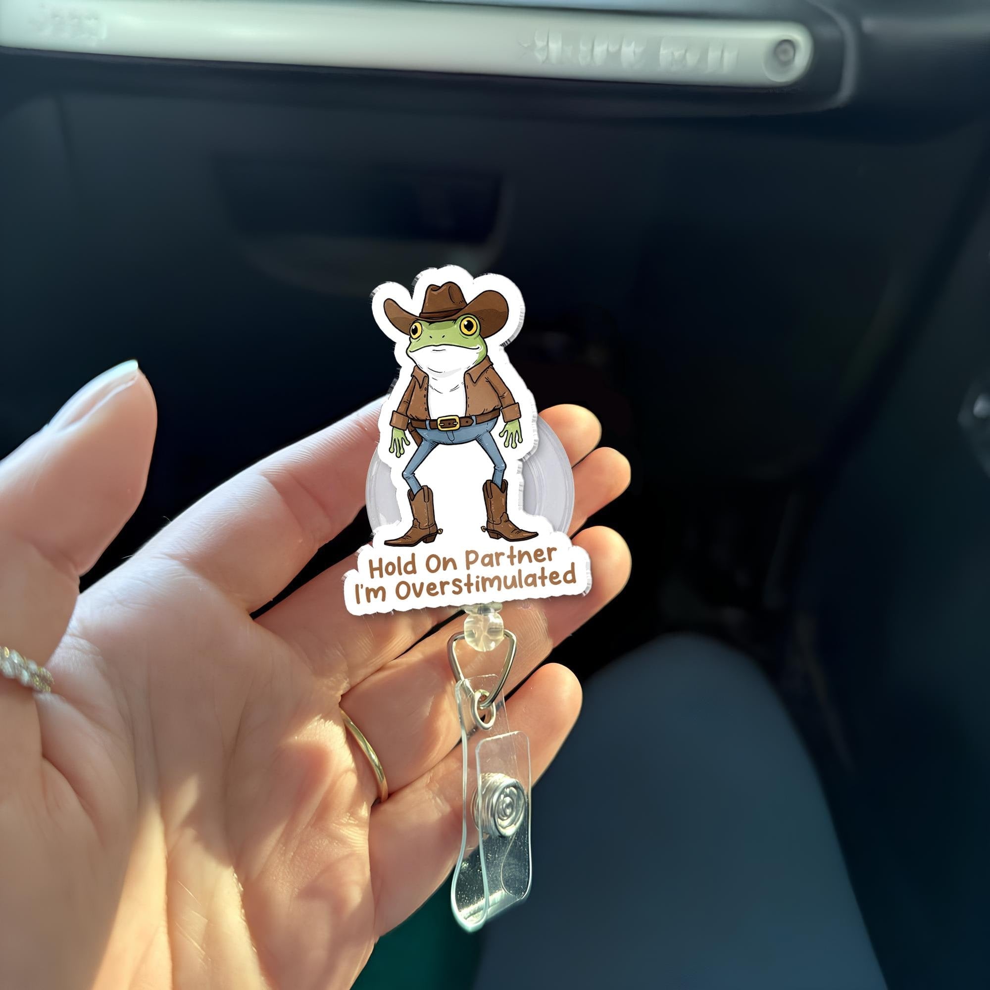 Funny Cowboy Frog Badge Reel, Cute Retractable ID Holder, Overstimulated Frog Nurse Badge, Western Frog Accessory Gift, Mental Health Gift