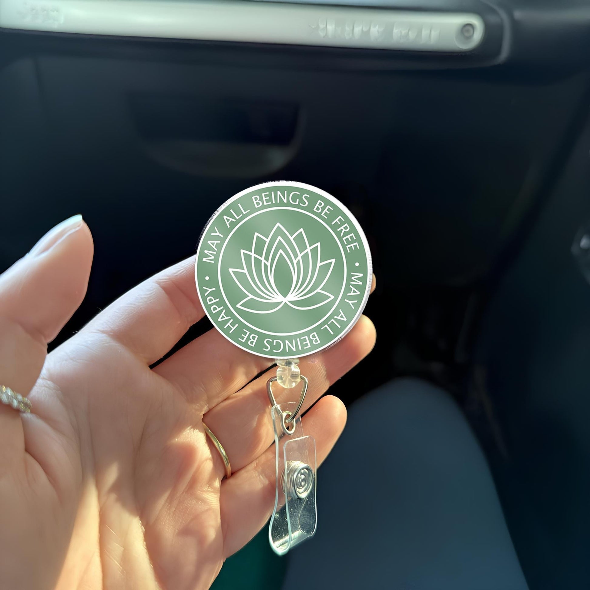 Lotus Flower Badge Reel, May All Beings Be Happy Free Spiritual Yoga Zen ID Holder, Nurse Teacher Therapist Mindfulness Gift, Mother's Day