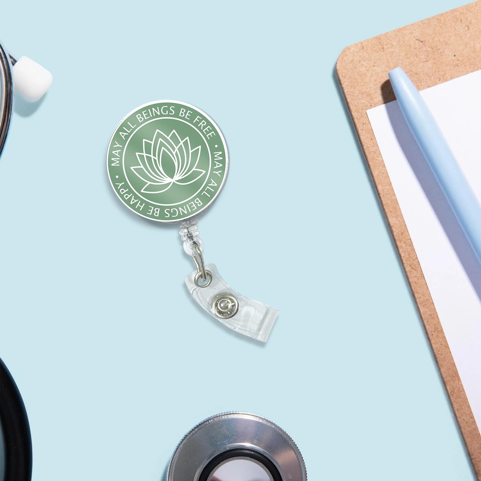 Lotus Flower Badge Reel, May All Beings Be Happy Free Spiritual Yoga Zen ID Holder, Nurse Teacher Therapist Mindfulness Gift, Mother's Day