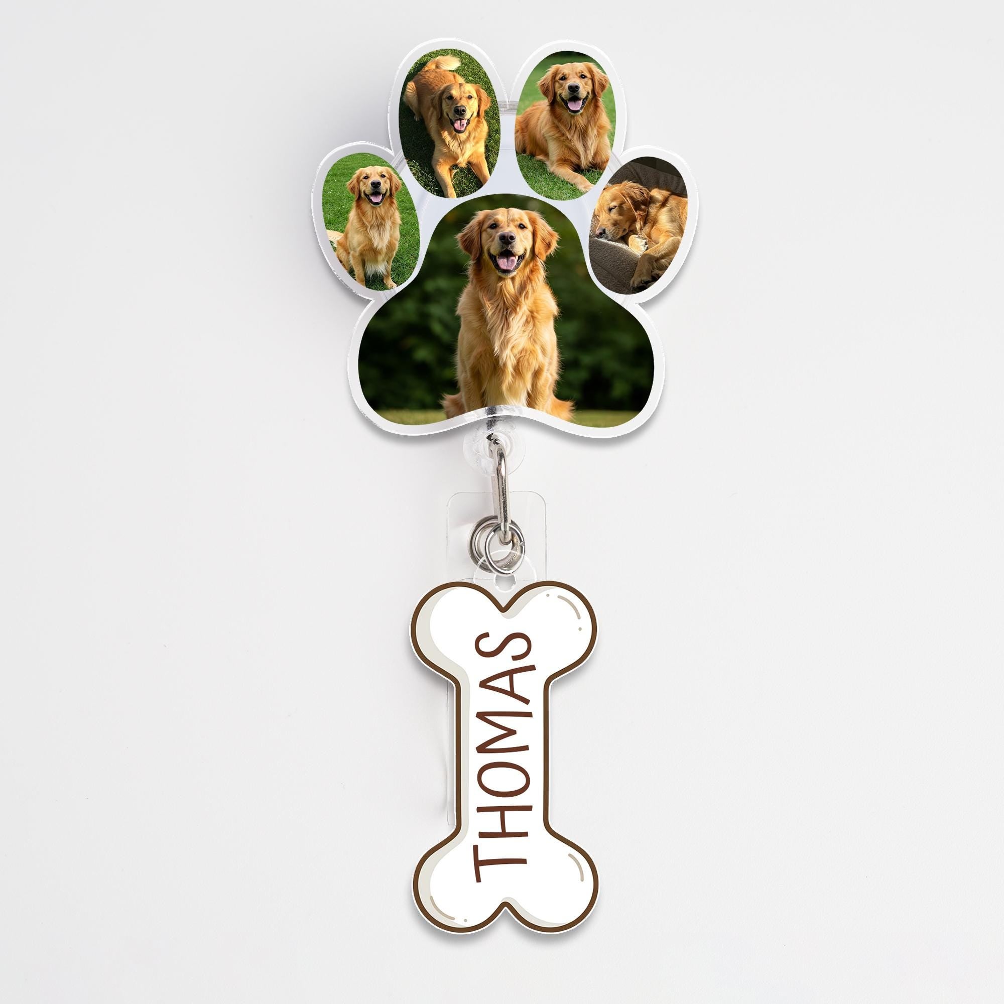 Personalized Dog Paw Badge Reel, Custom Pet Photo ID Holder, Bone Name Tag, Dog Lover Gift, Pet Owner Retractable Badge Clip Accessory