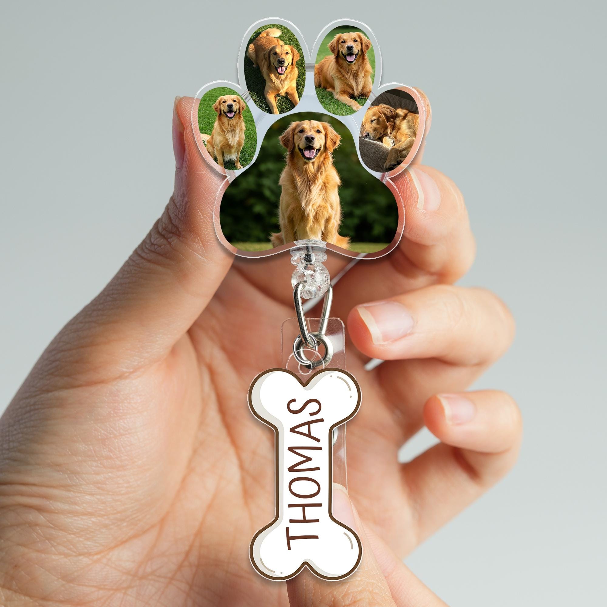 Personalized Dog Paw Badge Reel, Custom Pet Photo ID Holder, Bone Name Tag, Dog Lover Gift, Pet Owner Retractable Badge Clip Accessory