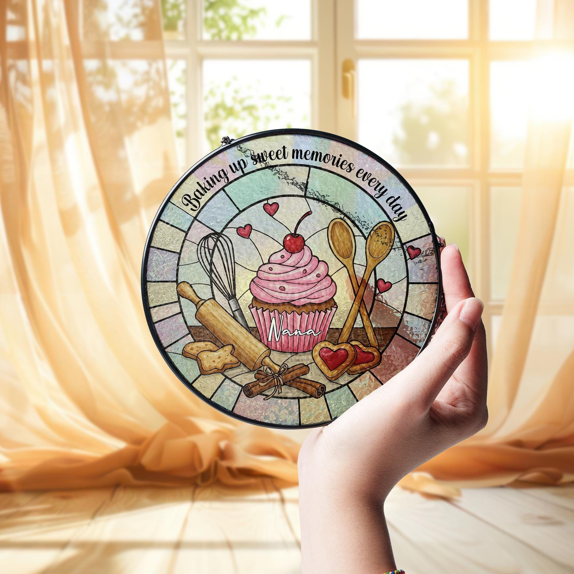 Custom Baking Suncatcher for Mom or Grandma – Glass Window Decor Gift – Mother's Day Gift for Baker Mom – Sweet Memories Kitchen Ornament