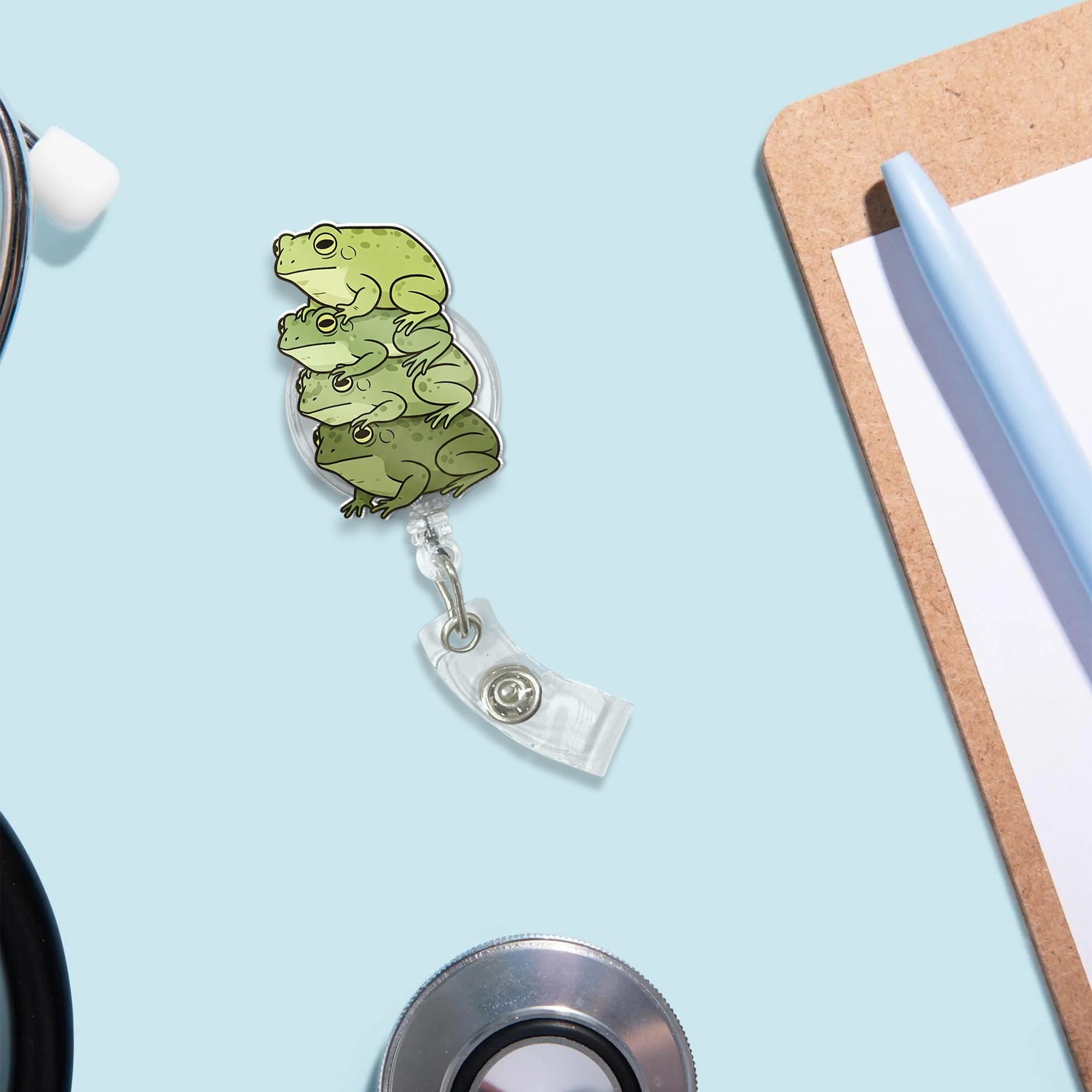 Frog Stack Badge Reel, Cute Funny Green Frogs Retractable ID Holder for Nurse, Teacher Medical Office Gift, Whimsical Animal Accessory