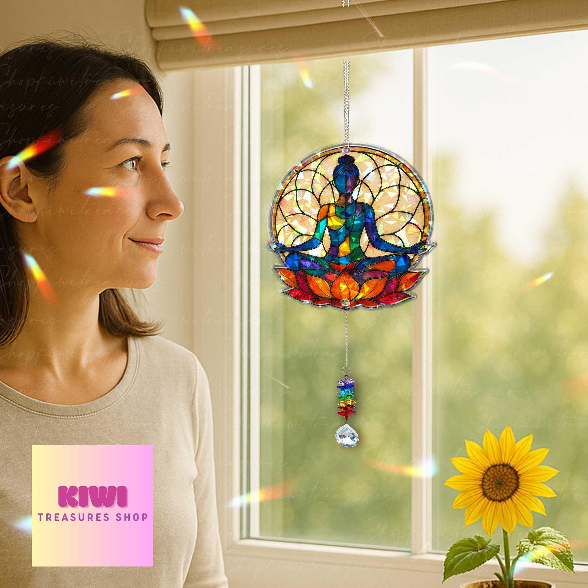 Yoga Mom Suncatcher – Holographic Chakra Lotus Window Decor with Crystal Charm – Mother's Day Gift for Meditation & Zen Moms