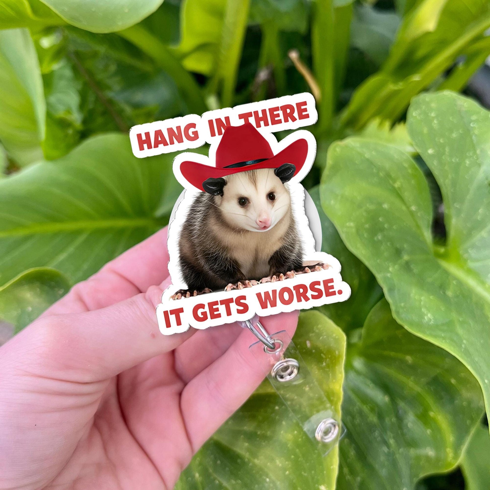 Funny Opossum Cowboy Badge Reel, Hang In there It Gets Worse Sarcastic Humor, Retractable ID Holder, Nurse Teacher Office Gag Gift