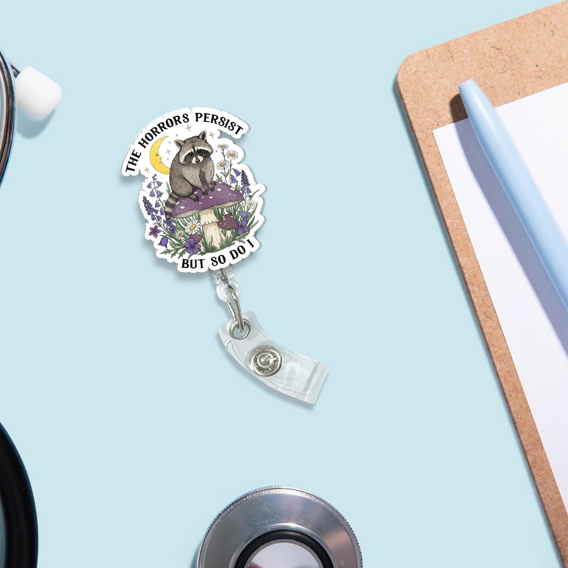 The Horrors Persist But So Do I Raccoon Badge Reel - Funny Vintage Mushroom ID Holder, Cute Gift For Nurse, Teacher, Healthcare Worker
