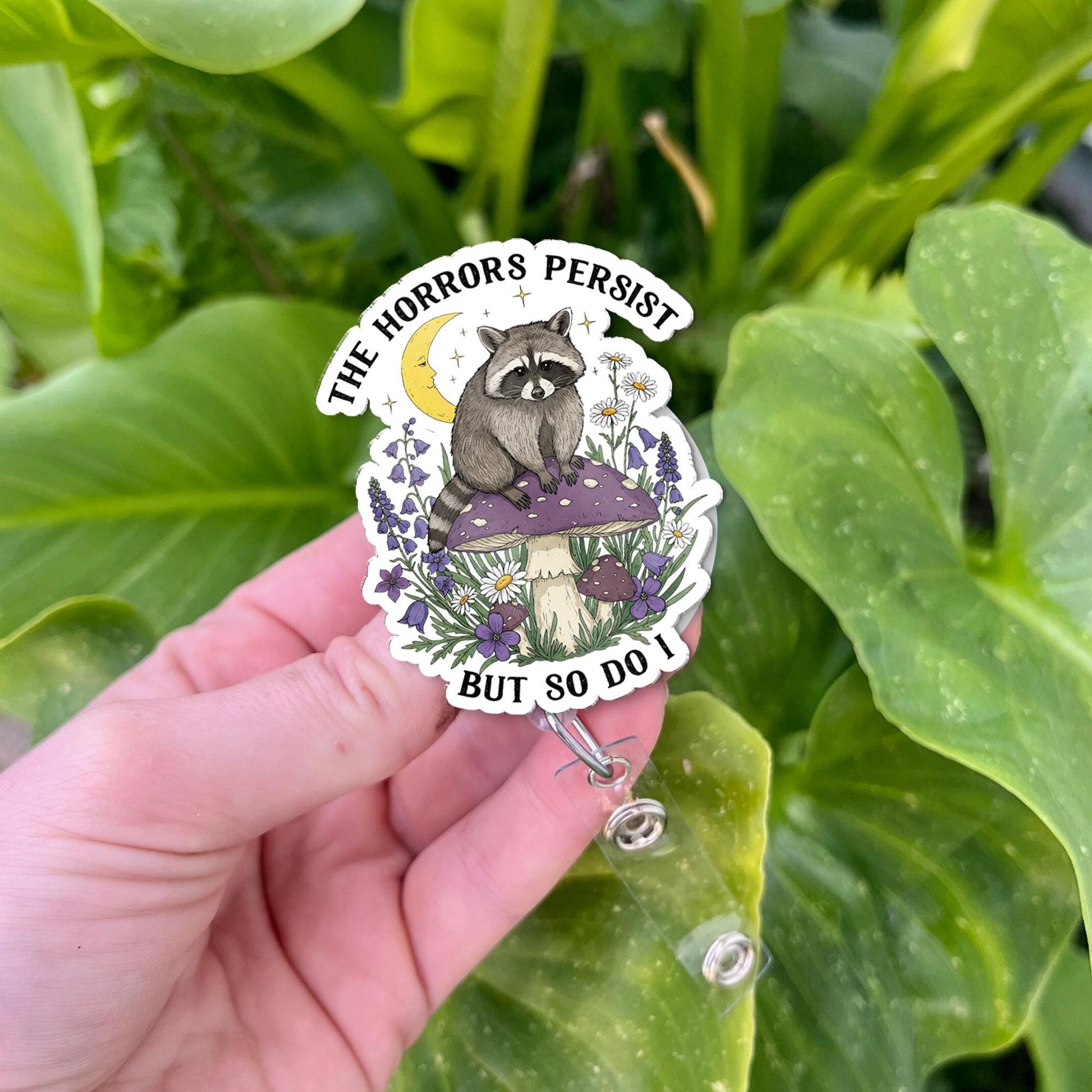 The Horrors Persist But So Do I Raccoon Badge Reel - Funny Vintage Mushroom ID Holder, Cute Gift For Nurse, Teacher, Healthcare Worker