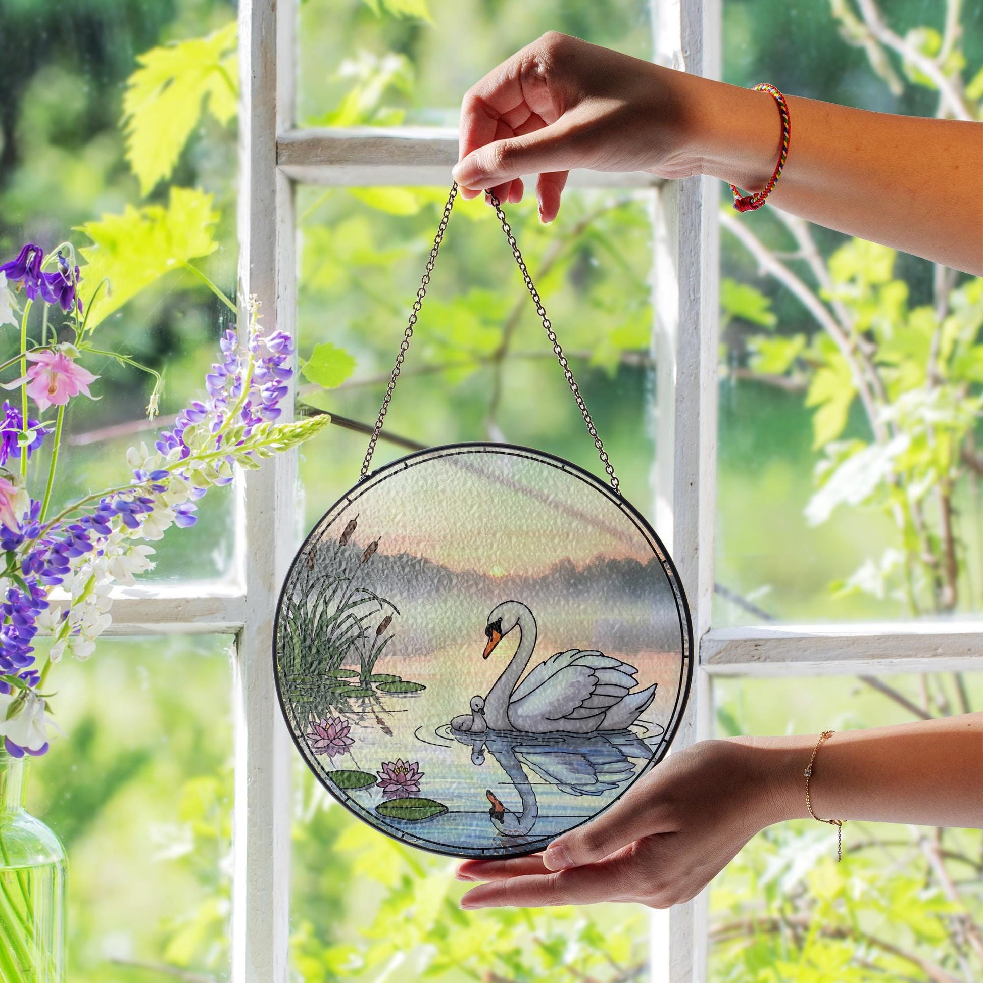 Swan Glass Suncatcher Gift for Mom – Elegant Window Decor for Mother's Day – Nature Scene Glass Ornament for Her