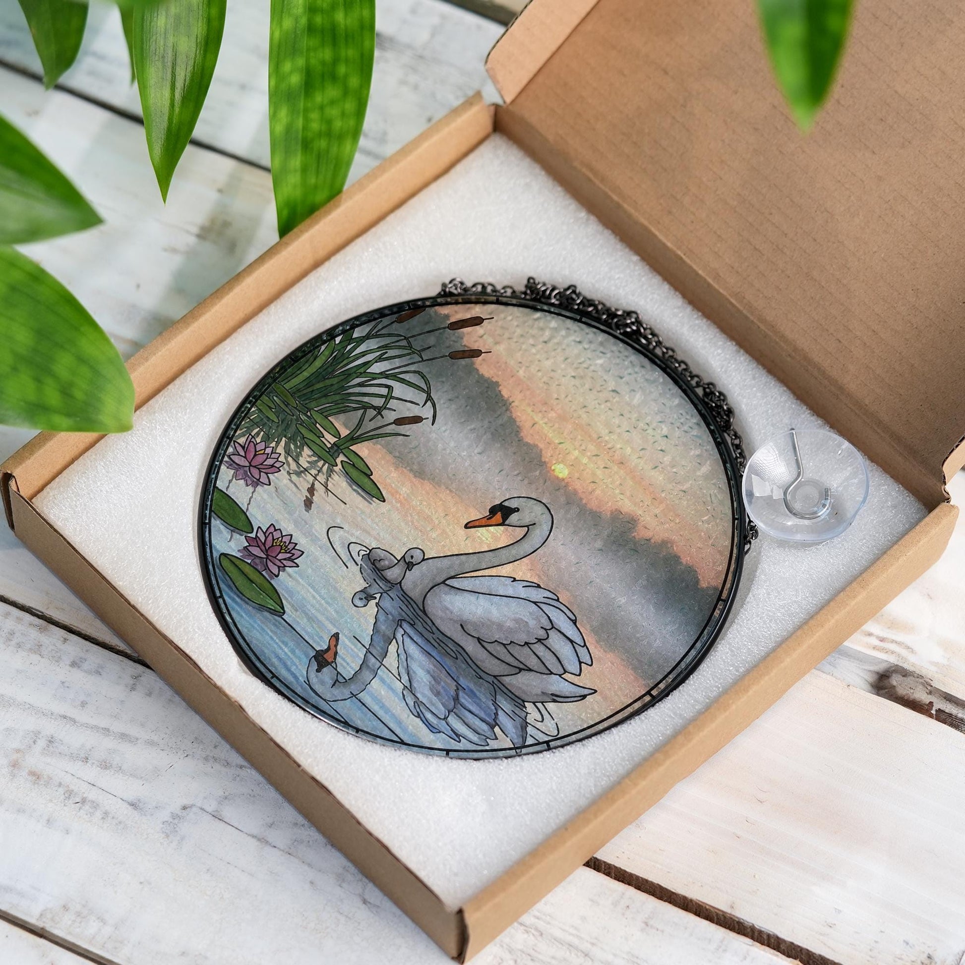 Swan Glass Suncatcher Gift for Mom – Elegant Window Decor for Mother's Day – Nature Scene Glass Ornament for Her
