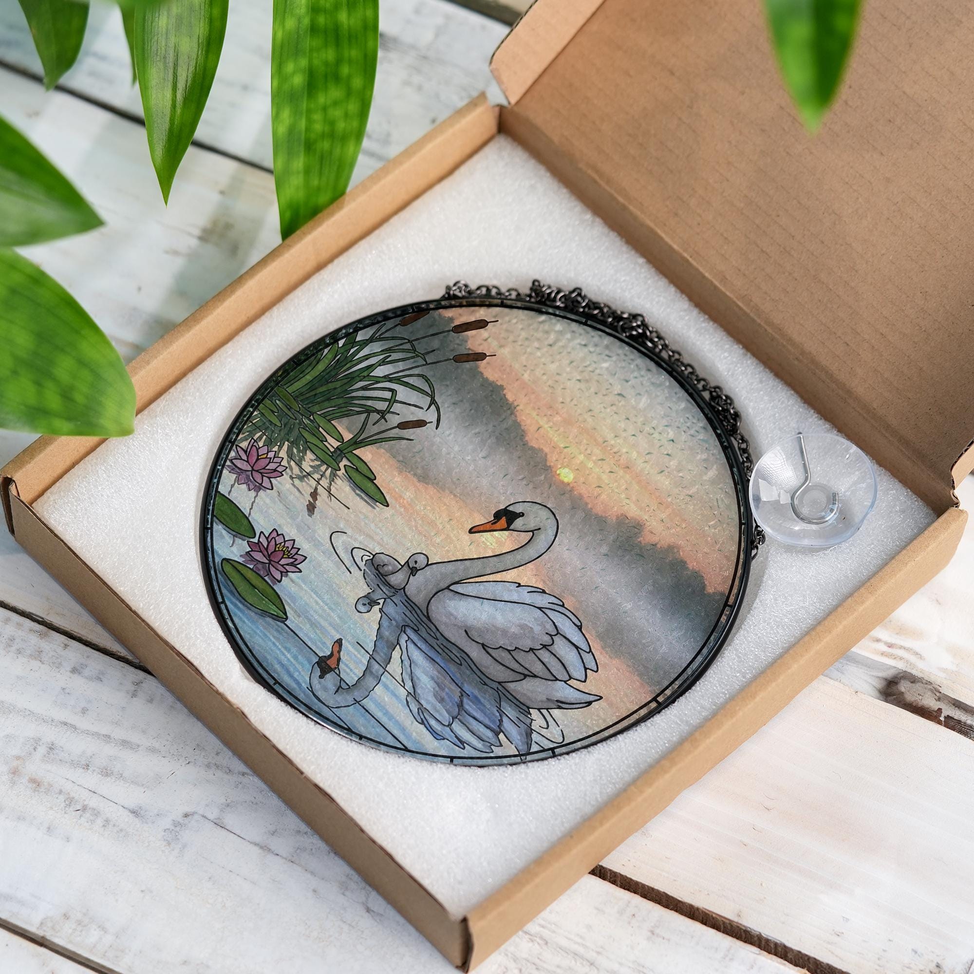 Swan Glass Suncatcher Gift for Mom – Elegant Window Decor for Mother's Day – Nature Scene Glass Ornament for Her