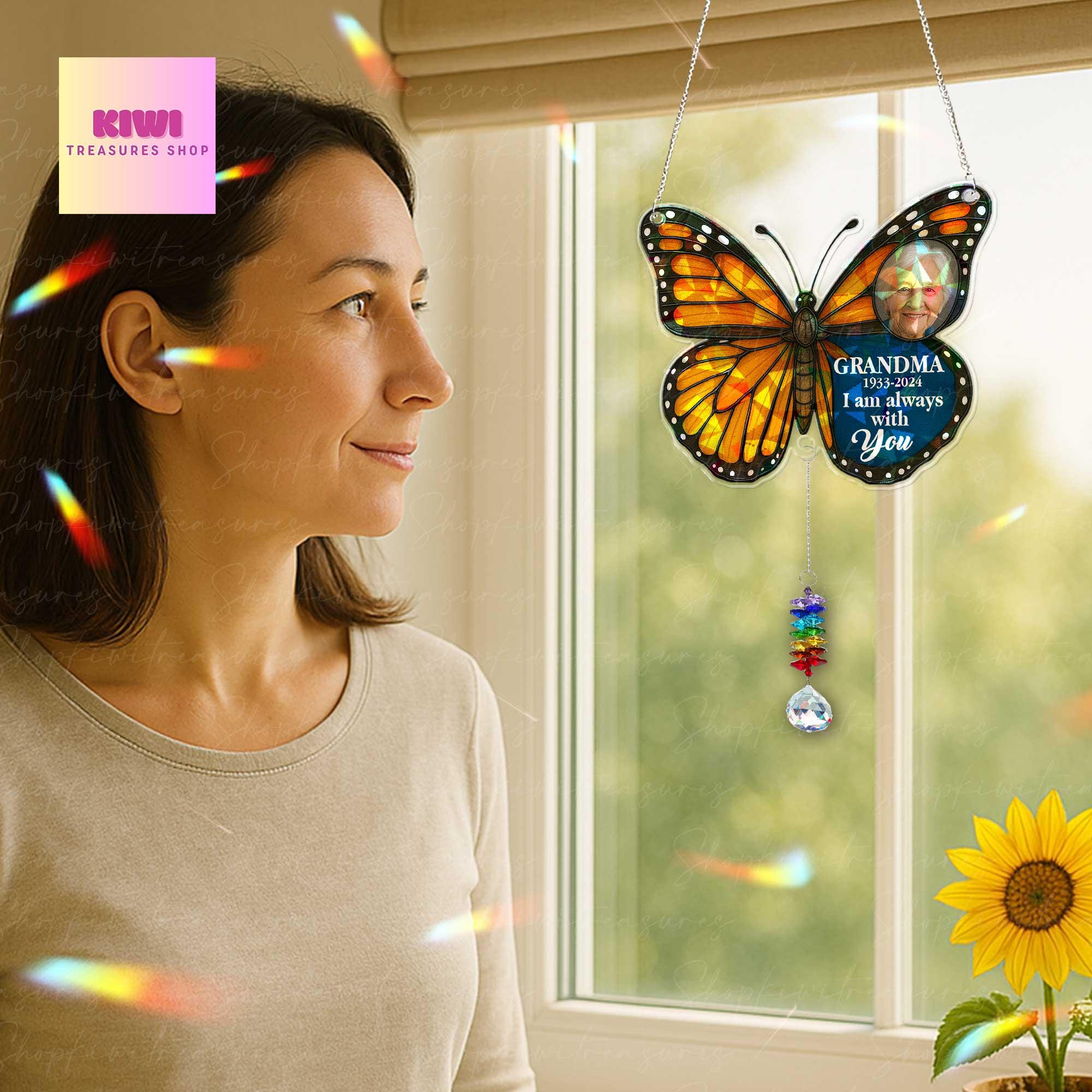 Custom Memorial Butterfly Holographic Suncatcher with Crystal Charm – In Memory of Grandma – Mother’s Day Remembrance Gift