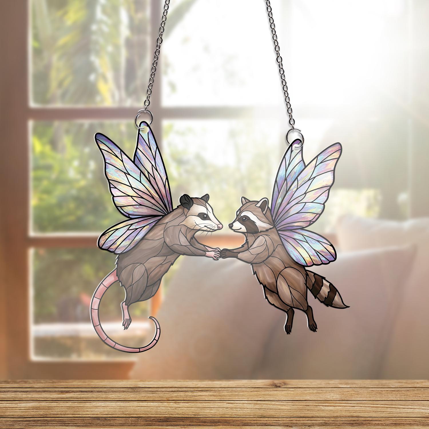 Fairy Raccoon and Opossum Acrylic Window Hanging, Cute Animal Suncatcher, Fantasy Forest Decor, Whimsical Gift Idea, Funny Bestie Gift