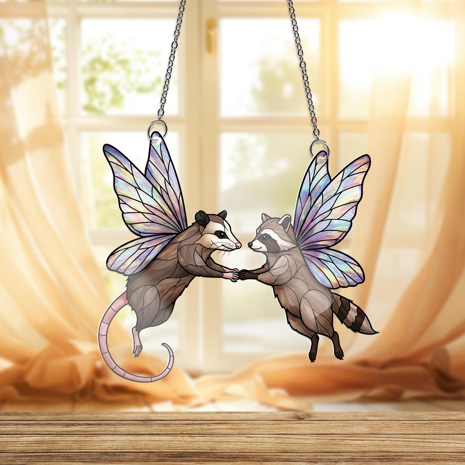 Fairy Raccoon and Opossum Acrylic Window Hanging, Cute Animal Suncatcher, Fantasy Forest Decor, Whimsical Gift Idea, Funny Bestie Gift