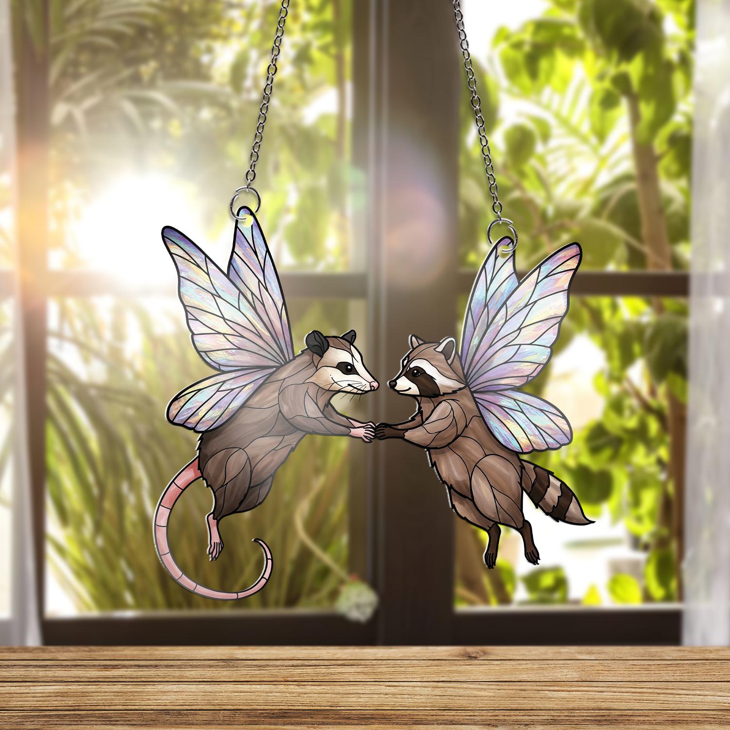 Fairy Raccoon and Opossum Acrylic Window Hanging, Cute Animal Suncatcher, Fantasy Forest Decor, Whimsical Gift Idea, Funny Bestie Gift