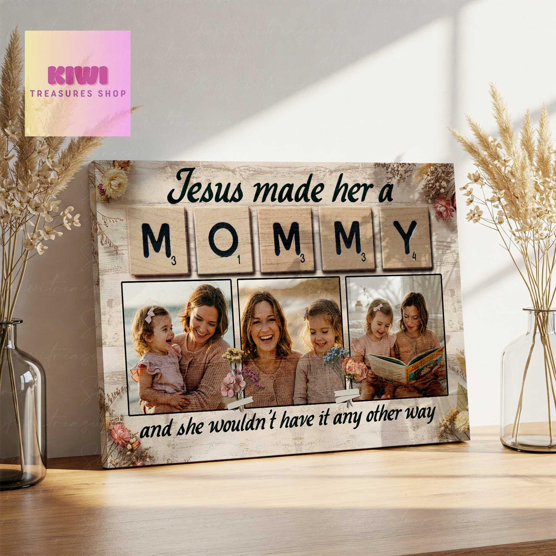 Custom Mom Photo Canvas, Jesus Made Her a Mommy Art Print, Personalized Mother’s Day Gift, Christian Photo Frame for Mom, Gift For Grandma