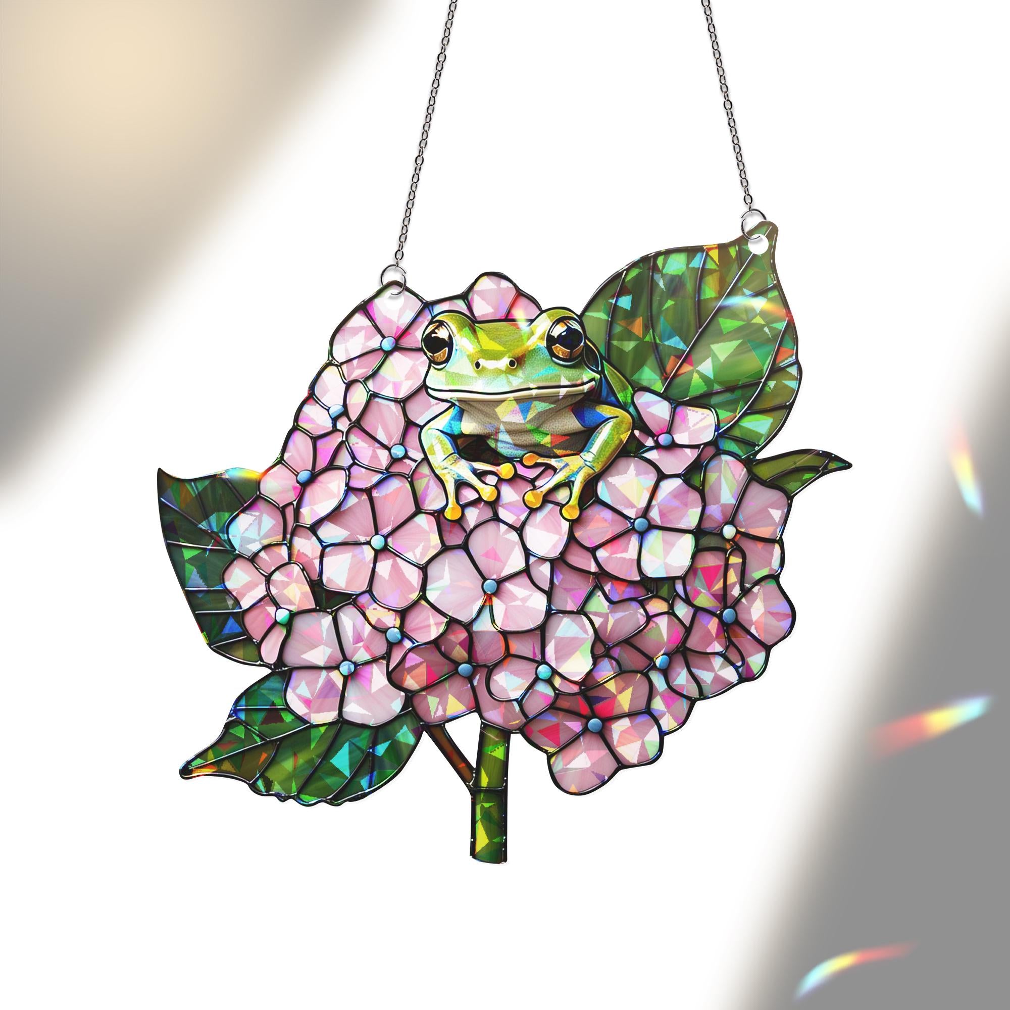 Frog & Hydrangea Hologram Acrylic Window Hanging – Nature-Inspired Decor – Mother’s Day Gift – Flower Lover Art – Whimsical Wall Decor