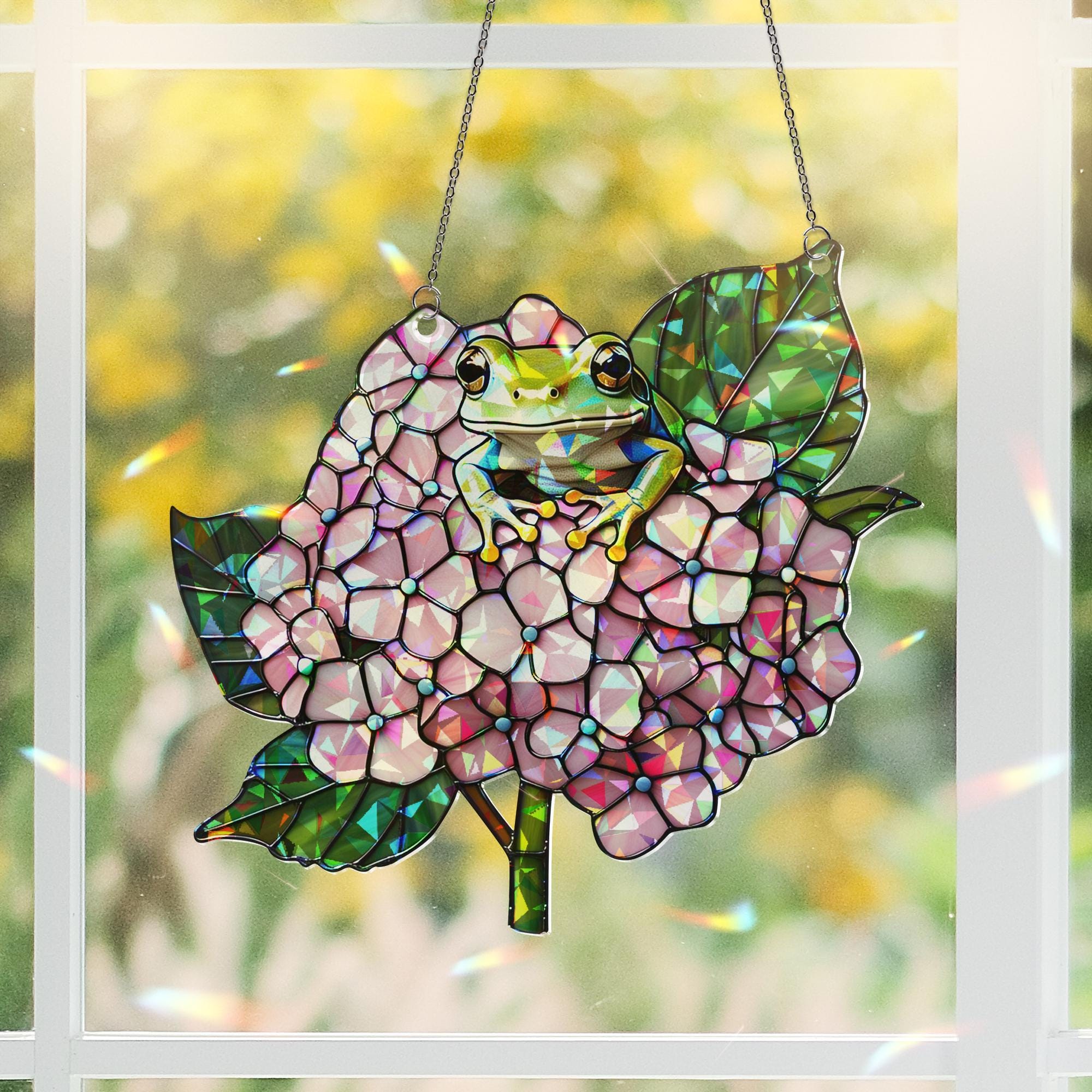 Frog & Hydrangea Hologram Acrylic Window Hanging – Nature-Inspired Decor – Mother’s Day Gift – Flower Lover Art – Whimsical Wall Decor
