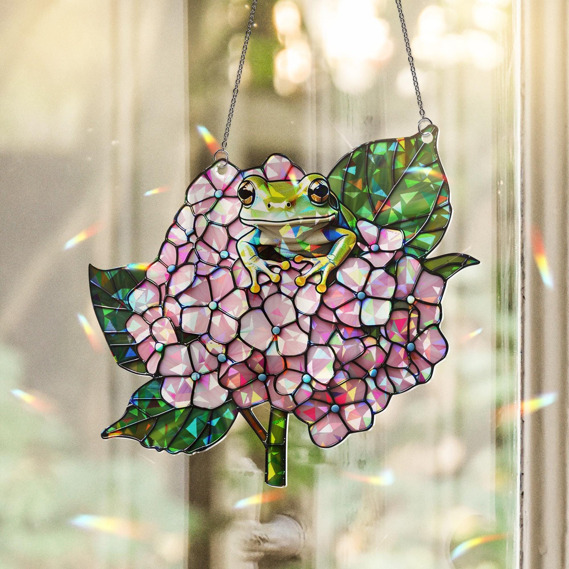 Frog & Hydrangea Hologram Acrylic Window Hanging – Nature-Inspired Decor – Mother’s Day Gift – Flower Lover Art – Whimsical Wall Decor