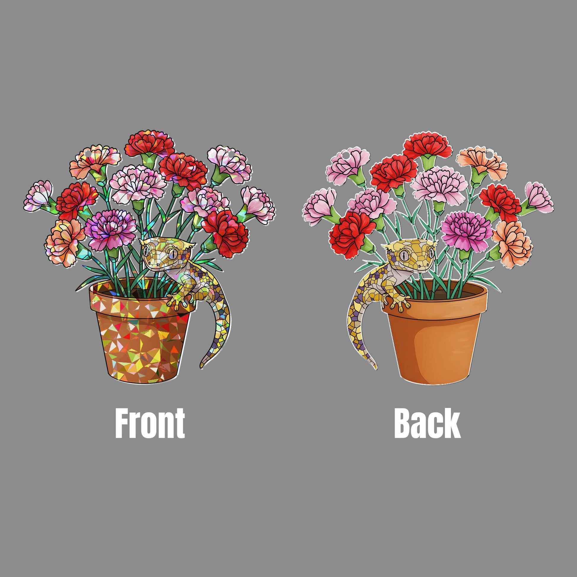 Carnation & Gecko Hologram Acrylic Window Hanging – Floral Lizard Decor – Mother’s Day Gift – Flower Lover Art – Botanical Reptile Gift