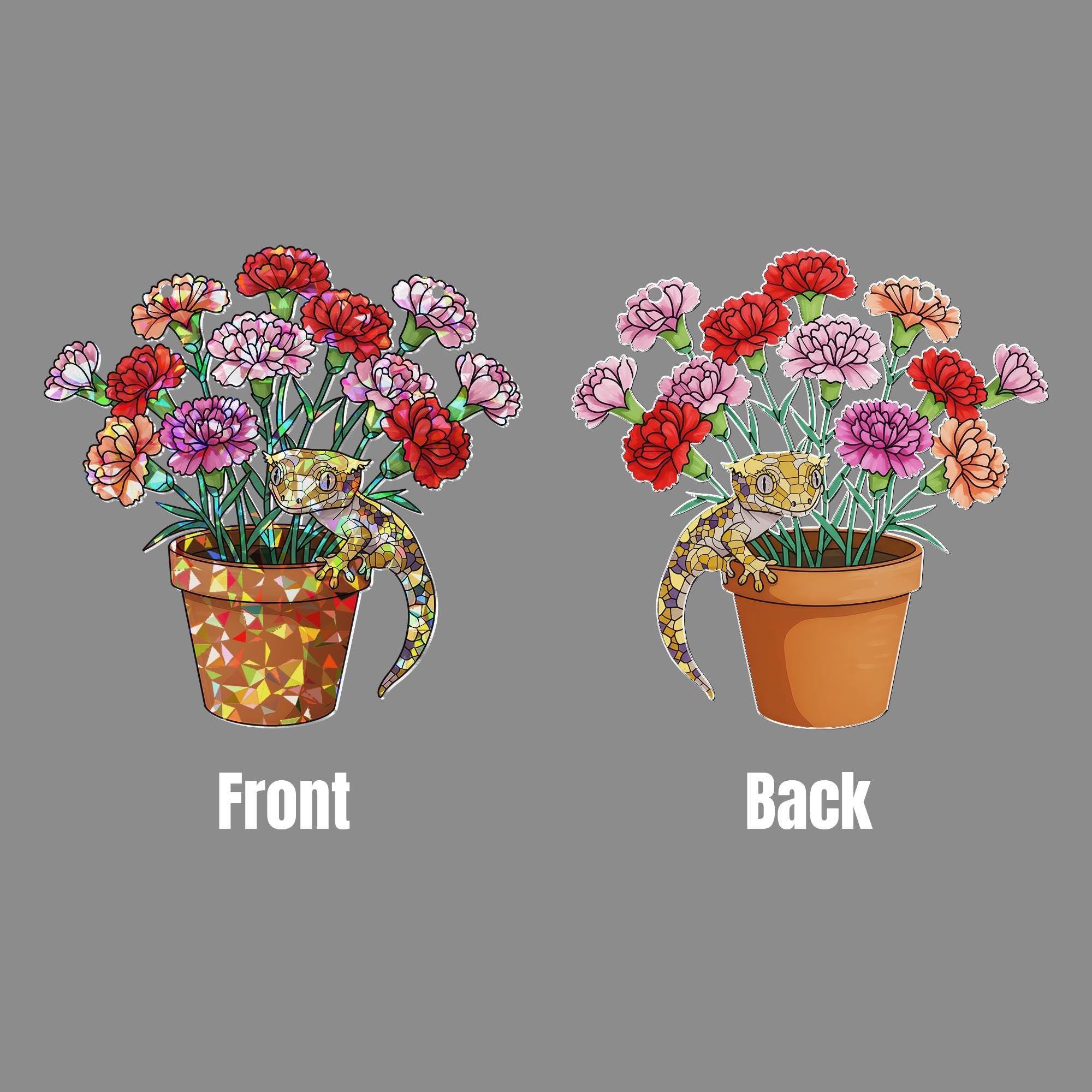 Carnation & Gecko Hologram Acrylic Window Hanging – Floral Lizard Decor – Mother’s Day Gift – Flower Lover Art – Botanical Reptile Gift