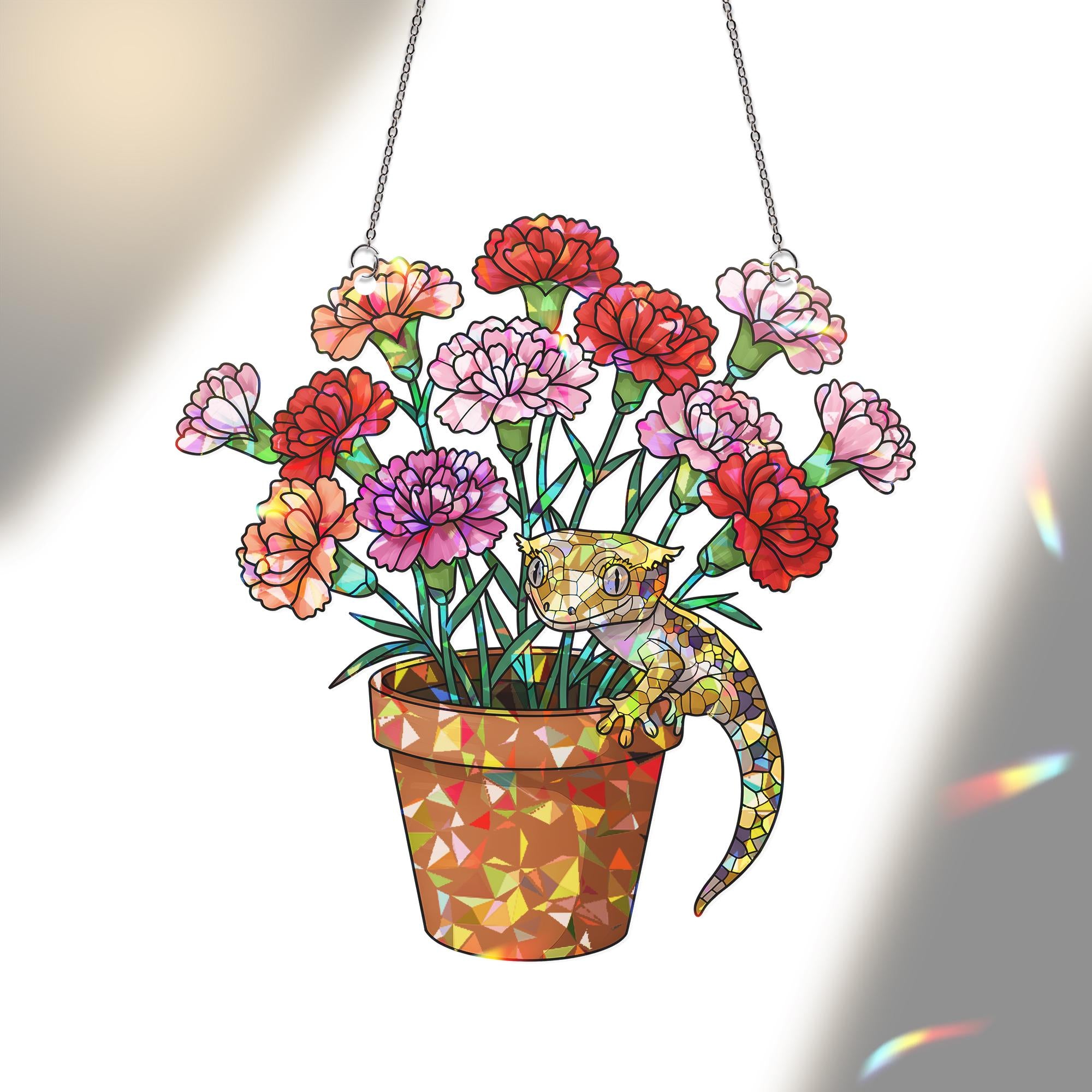 Carnation & Gecko Hologram Acrylic Window Hanging – Floral Lizard Decor – Mother’s Day Gift – Flower Lover Art – Botanical Reptile Gift