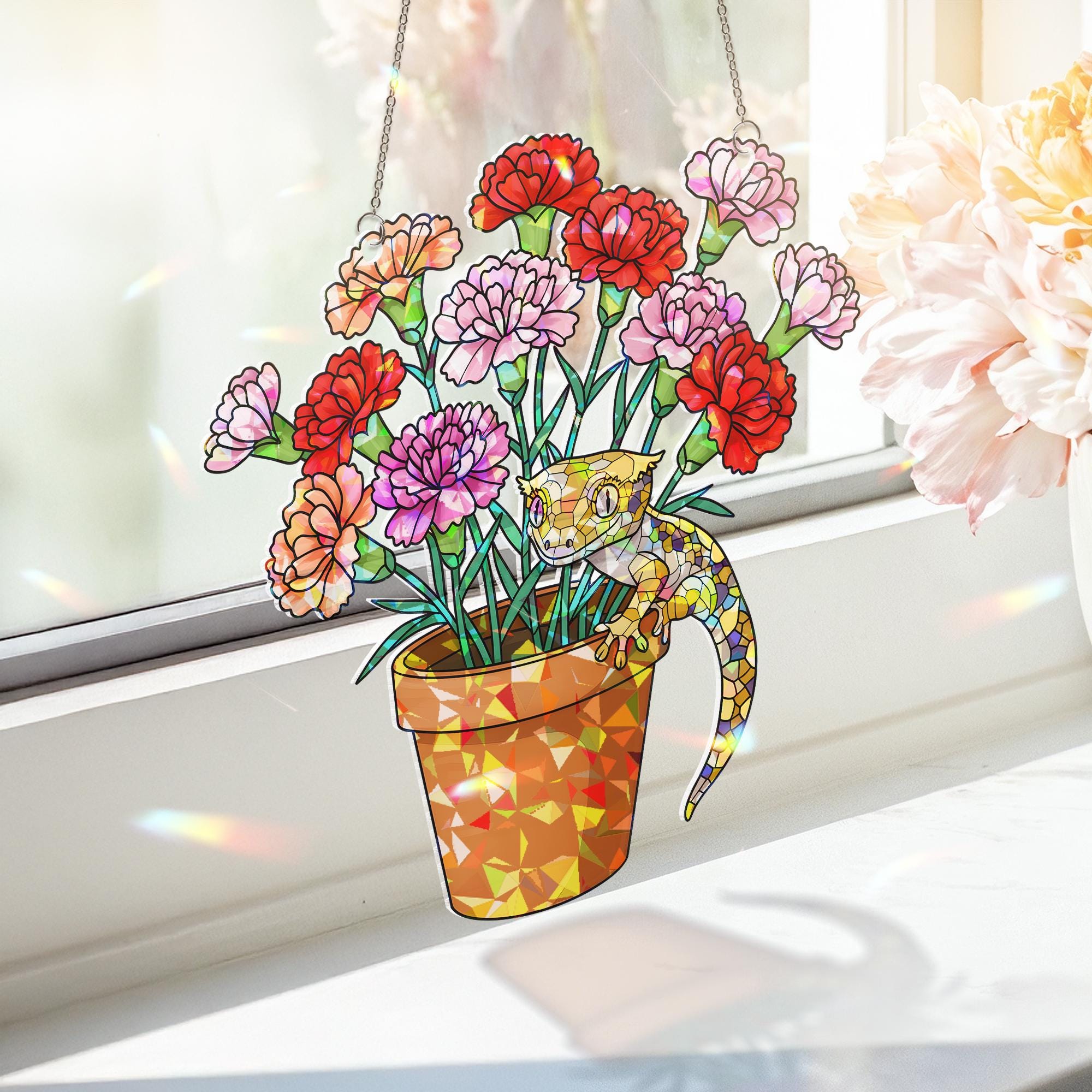 Carnation & Gecko Hologram Acrylic Window Hanging – Floral Lizard Decor – Mother’s Day Gift – Flower Lover Art – Botanical Reptile Gift