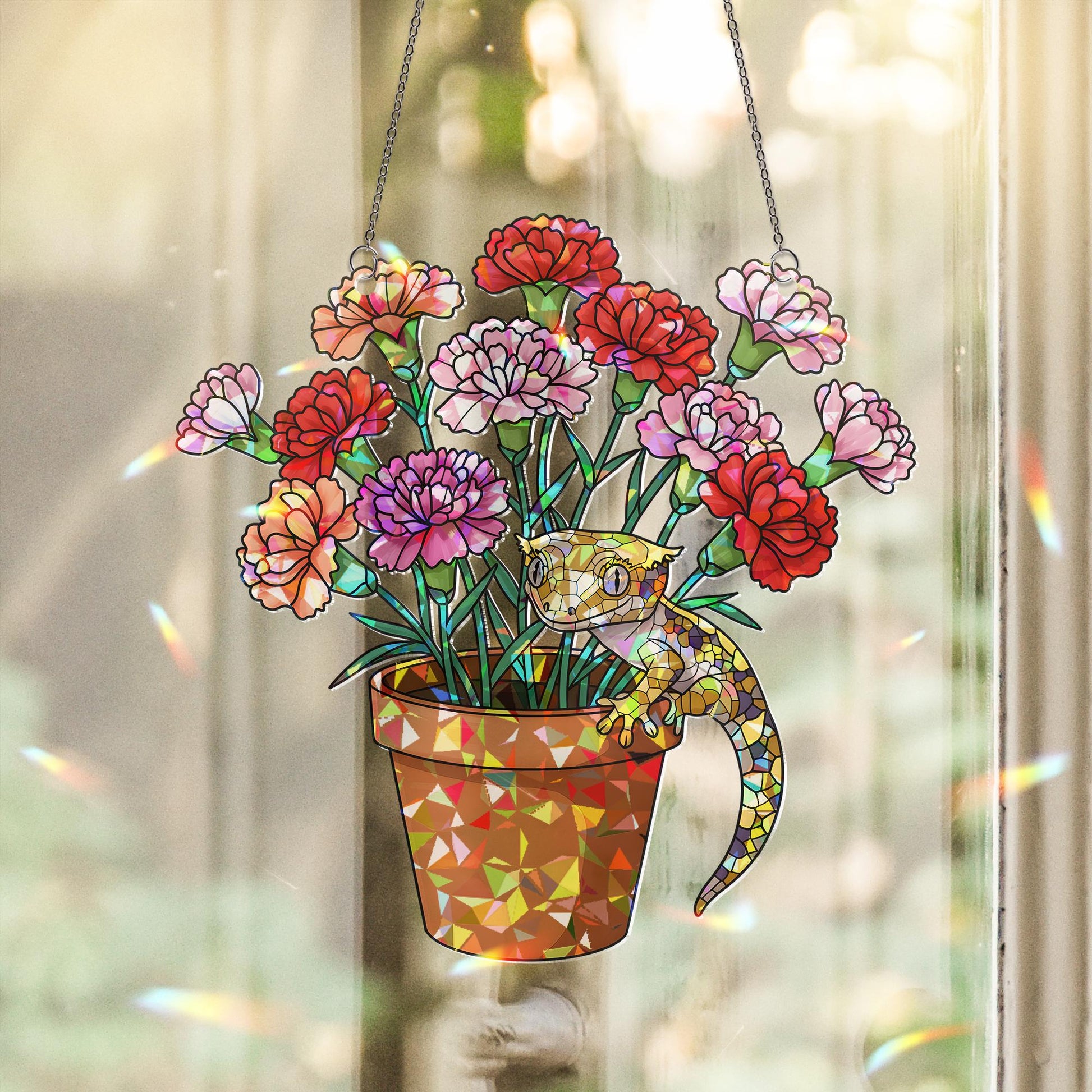 Carnation & Gecko Hologram Acrylic Window Hanging – Floral Lizard Decor – Mother’s Day Gift – Flower Lover Art – Botanical Reptile Gift