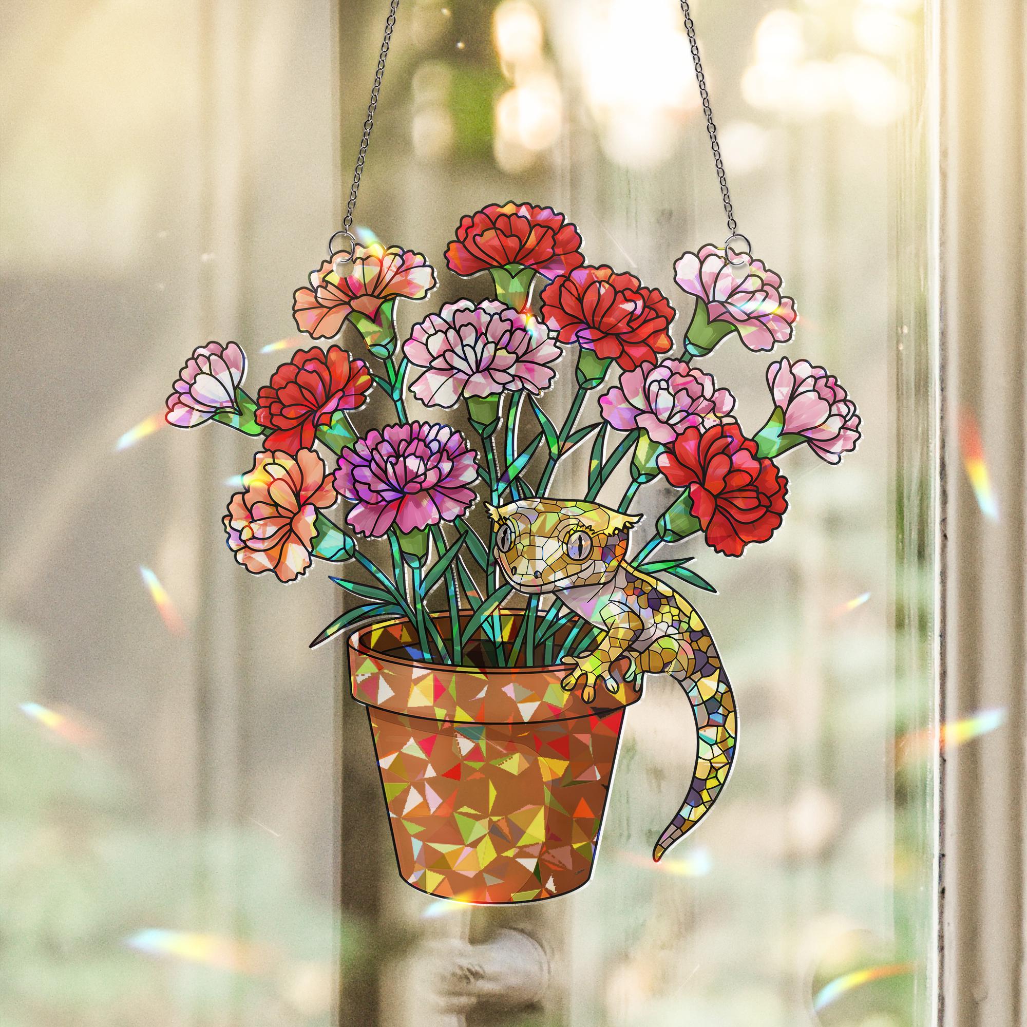 Carnation & Gecko Hologram Acrylic Window Hanging – Floral Lizard Decor – Mother’s Day Gift – Flower Lover Art – Botanical Reptile Gift